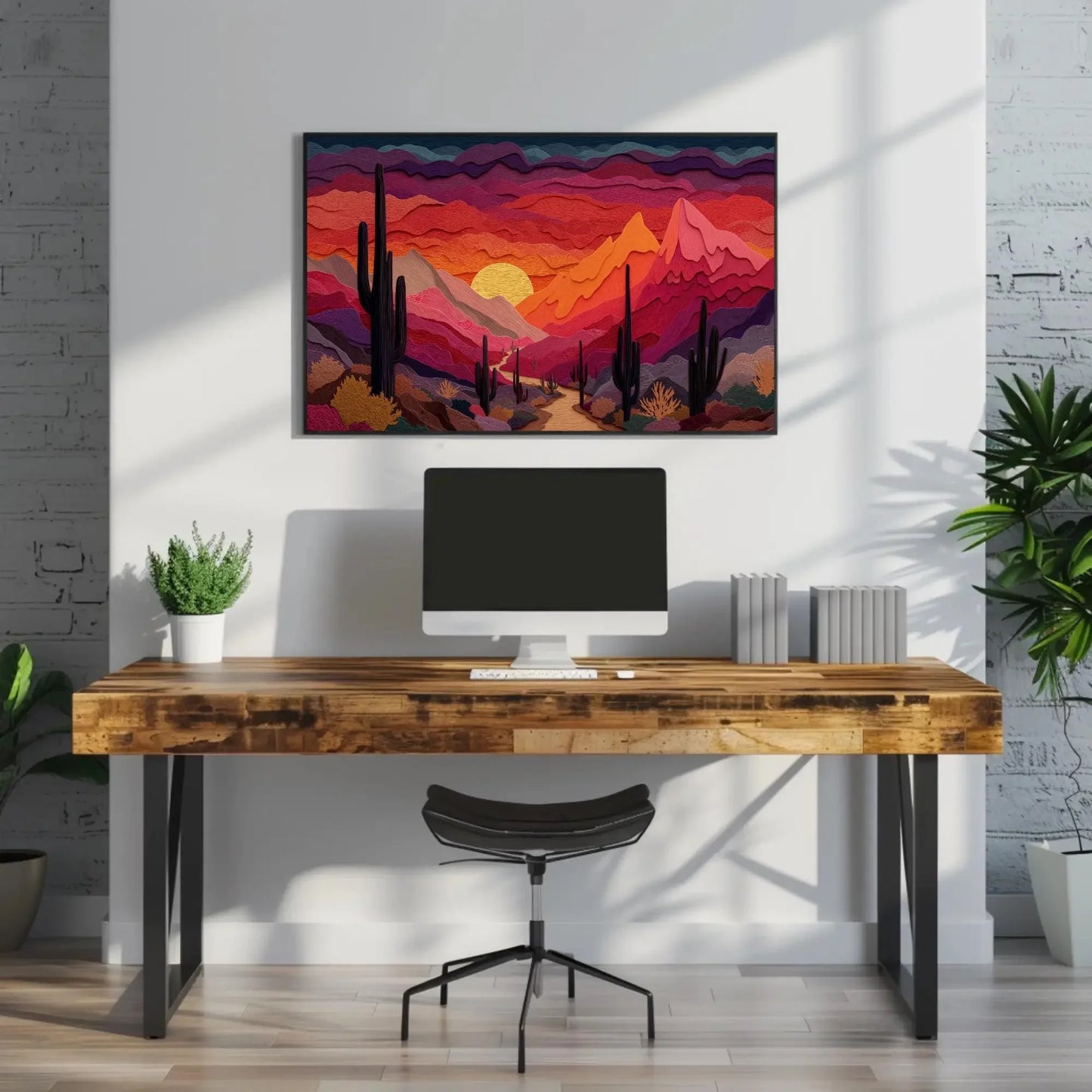 Desert Sunset Paper Cut Art Print, Saguaro Cactus Wall Decor, Modern Graphic Landscape, Orange Purple Sky, Layered Nature Artwork Wall Art – Canvas Print