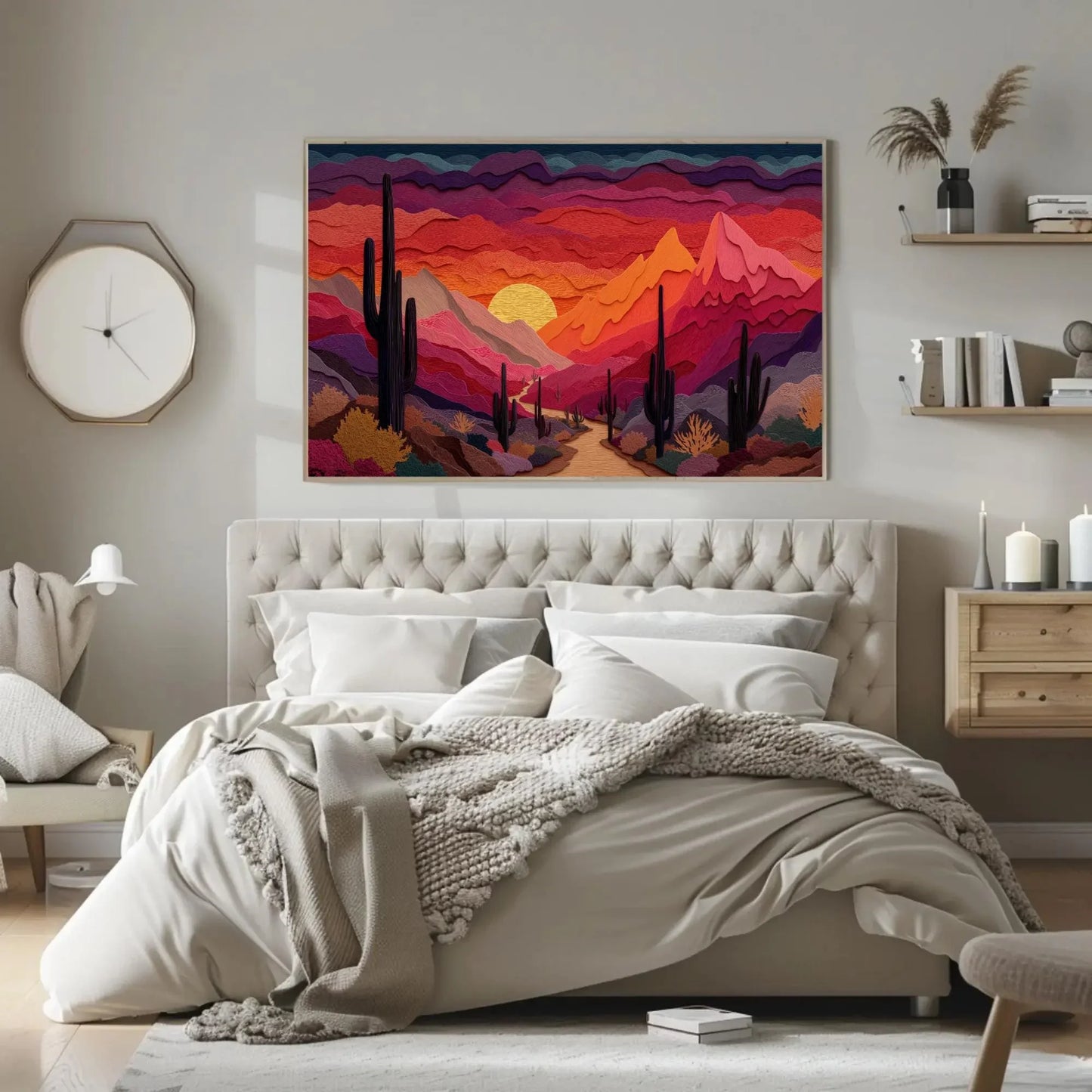 Desert Sunset Paper Cut Art Print, Saguaro Cactus Wall Decor, Modern Graphic Landscape, Orange Purple Sky, Layered Nature Artwork Wall Art – Canvas Print