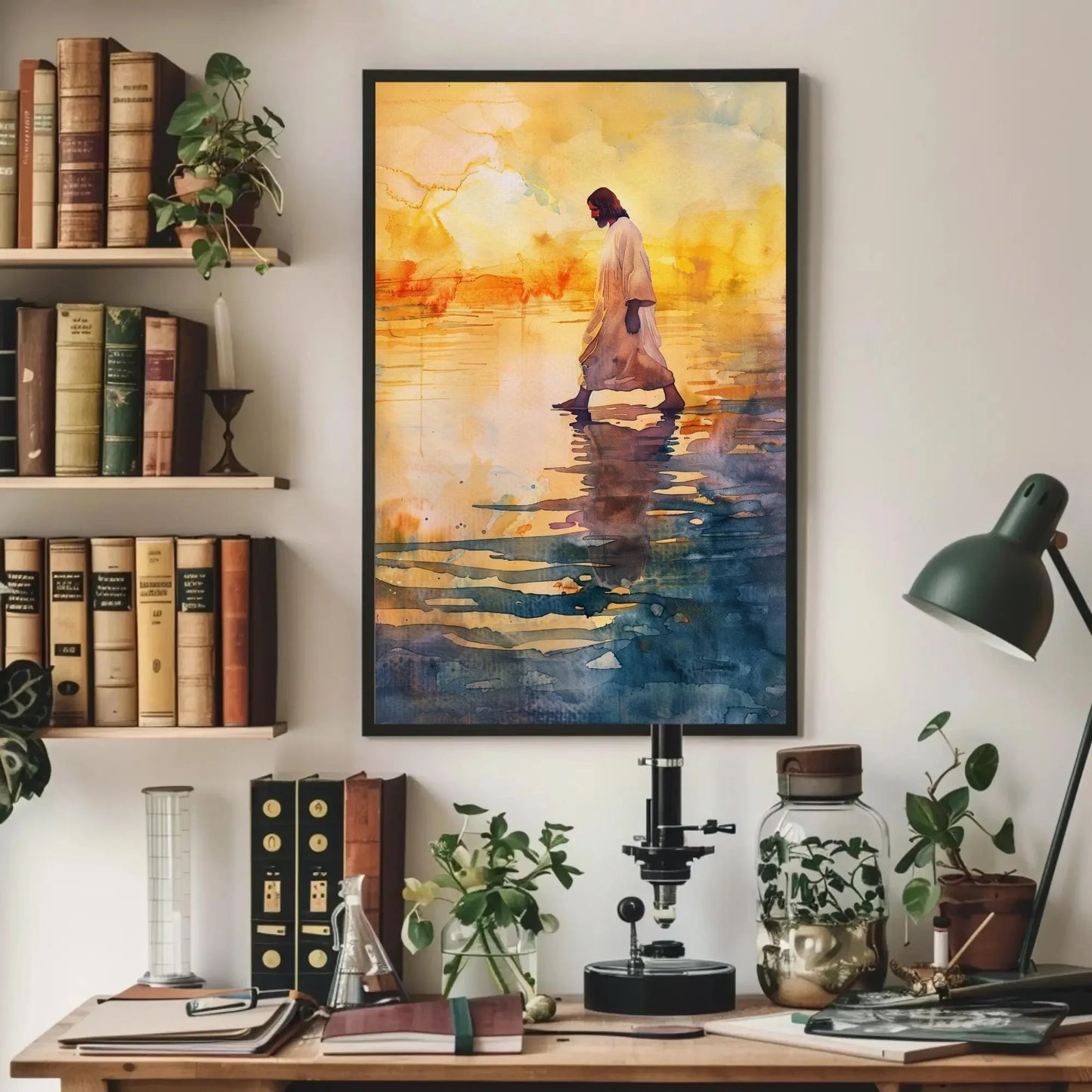 Jesus Walking on Water Sunset Canvas Print - Peaceful Watercolor Christian Painting - Extra Large Faith Wall Art for Home or Prayer Room Wall Art – Canvas Print