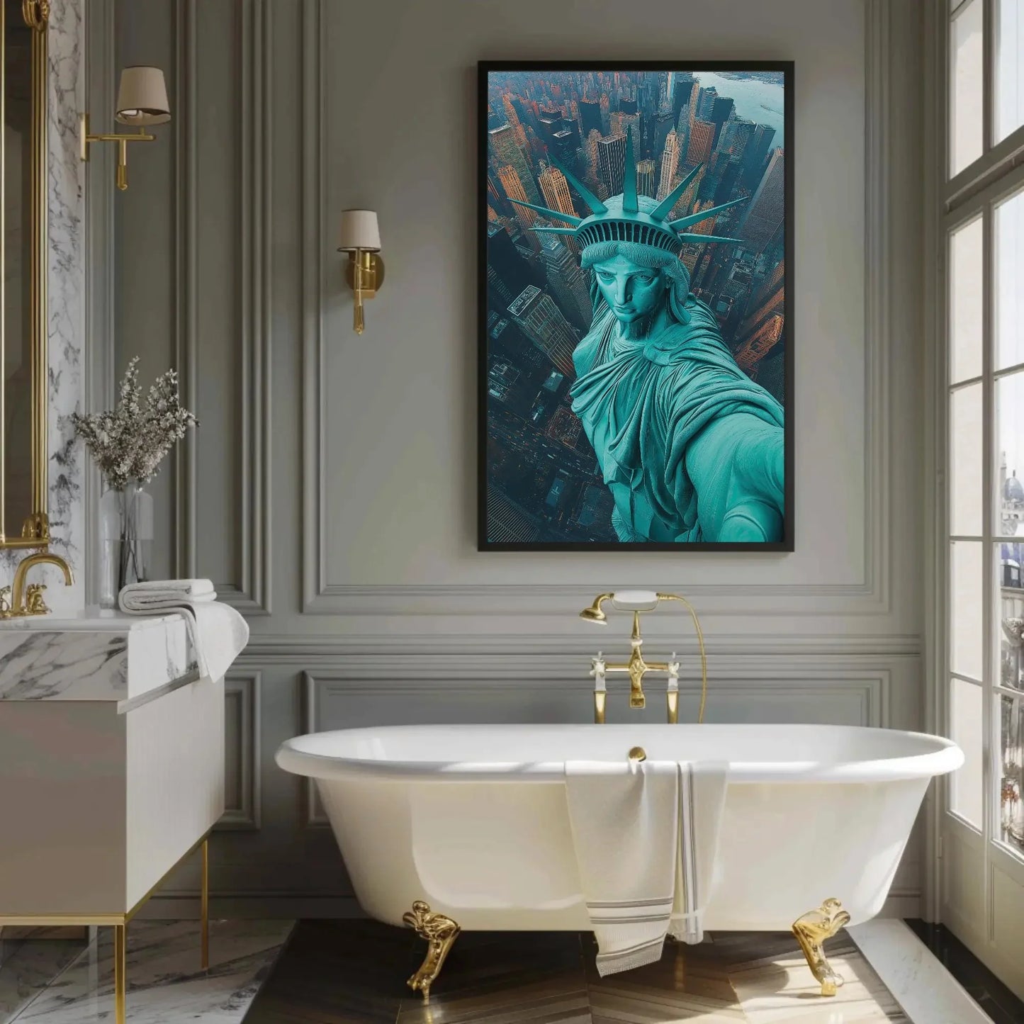 Statue of Liberty Aerial Selfie Canvas Print, New York City Skyline Wall Art, Fun Pop Art Travel Decor for Living Room or Office Wall Art – Canvas Print