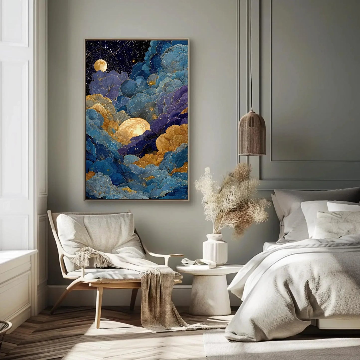 Celestial Moon Clouds Canvas Art, Gold Blue Purple Wall Decor, Mystical Night Sky Print, Whimsigoth Bedroom Art, Dreamy Maximalist Gift Wall Art – Canvas Print