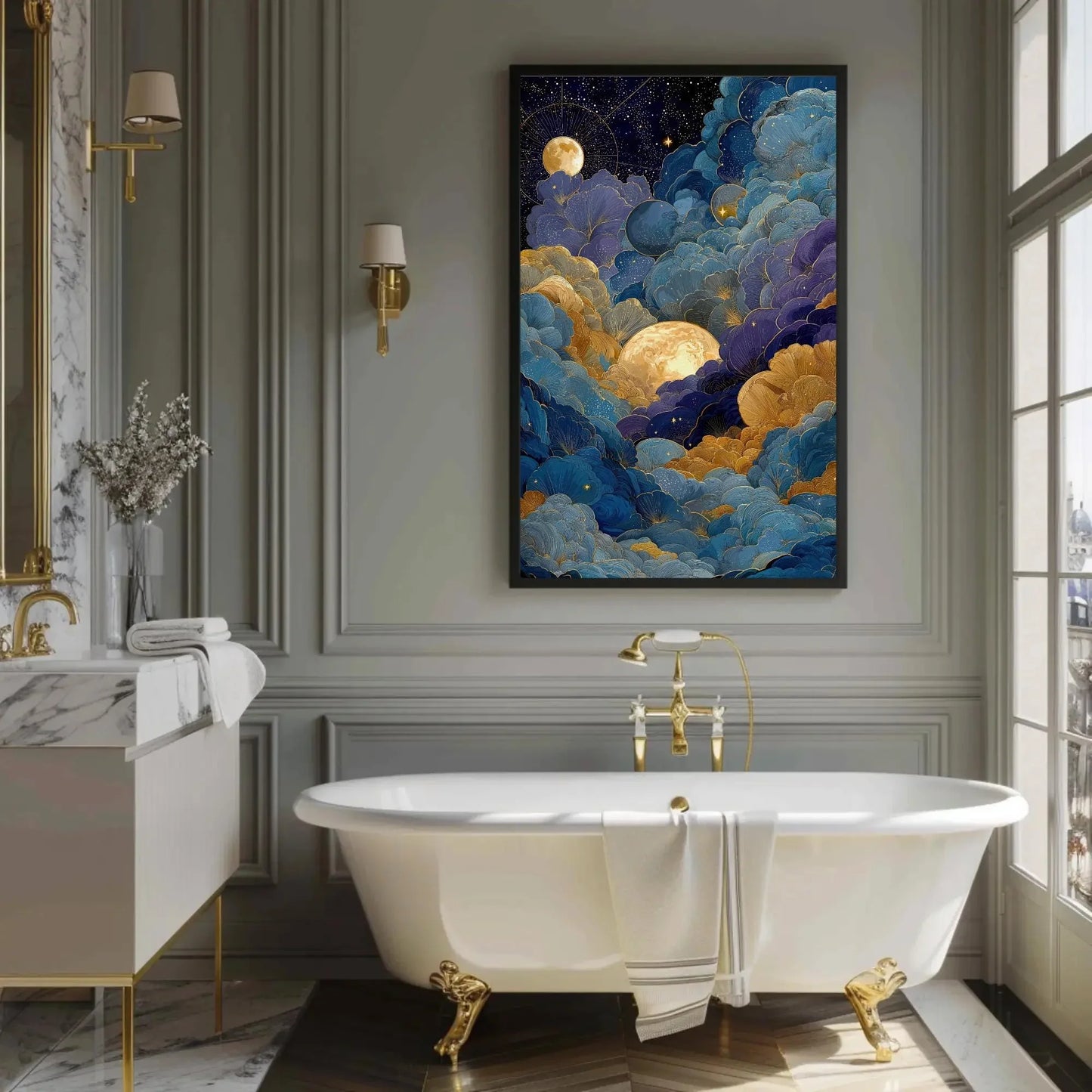 Celestial Moon Clouds Canvas Art, Gold Blue Purple Wall Decor, Mystical Night Sky Print, Whimsigoth Bedroom Art, Dreamy Maximalist Gift Wall Art – Canvas Print