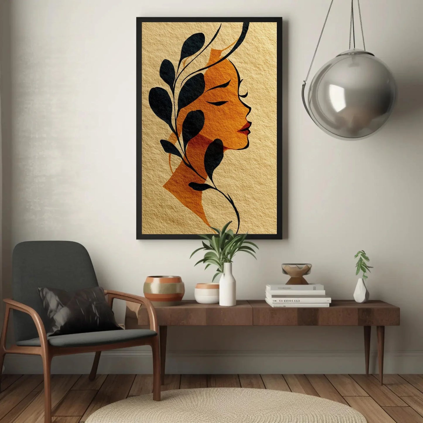 Art Nouveau Woman Profile Print, Minimalist Botanical Wall Art, Golden Orange Black, Feminine Decor, Textured Paper Illustration Gift Wall Art – Canvas Print