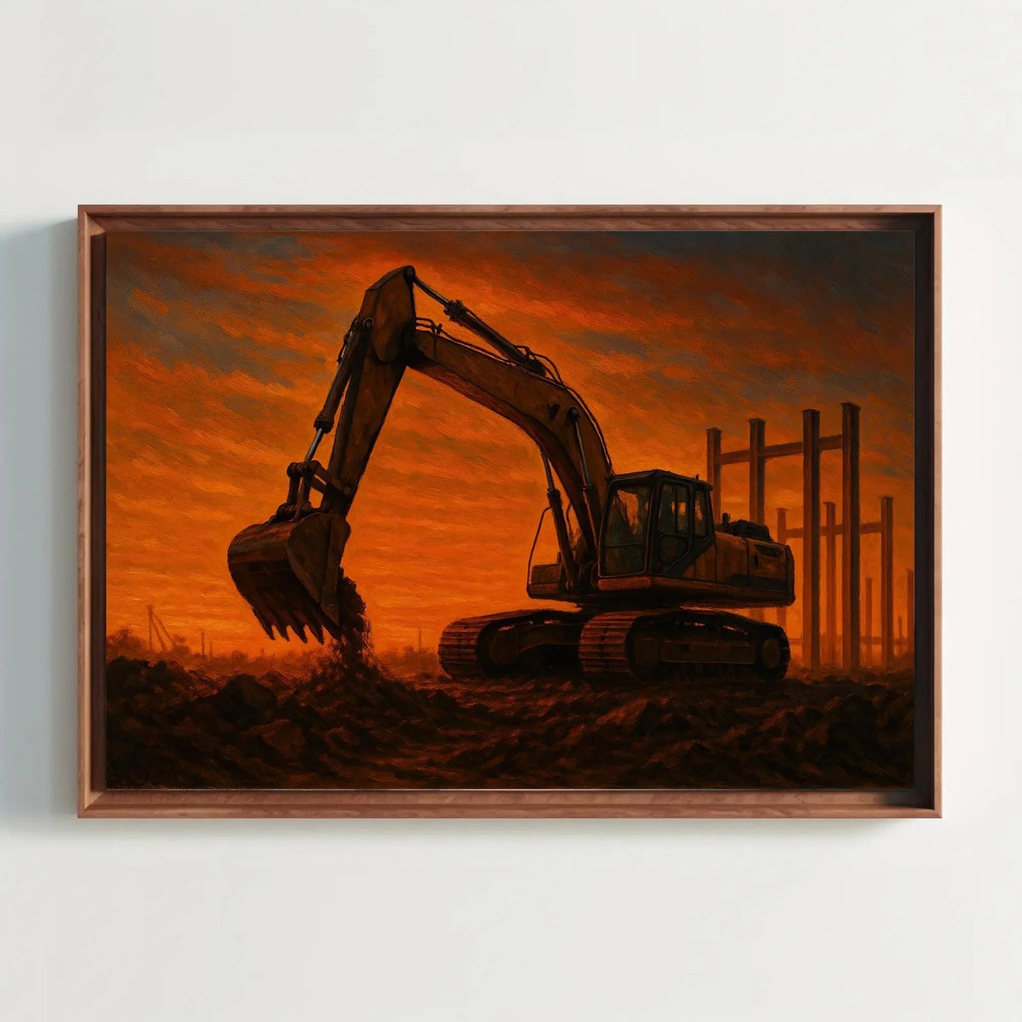 Construction Excavator Painting Sunset Industrial Earth Mover Canvas Print Construction Site Wall Art Machinery Worker Decor Wall Art – Canvas Print