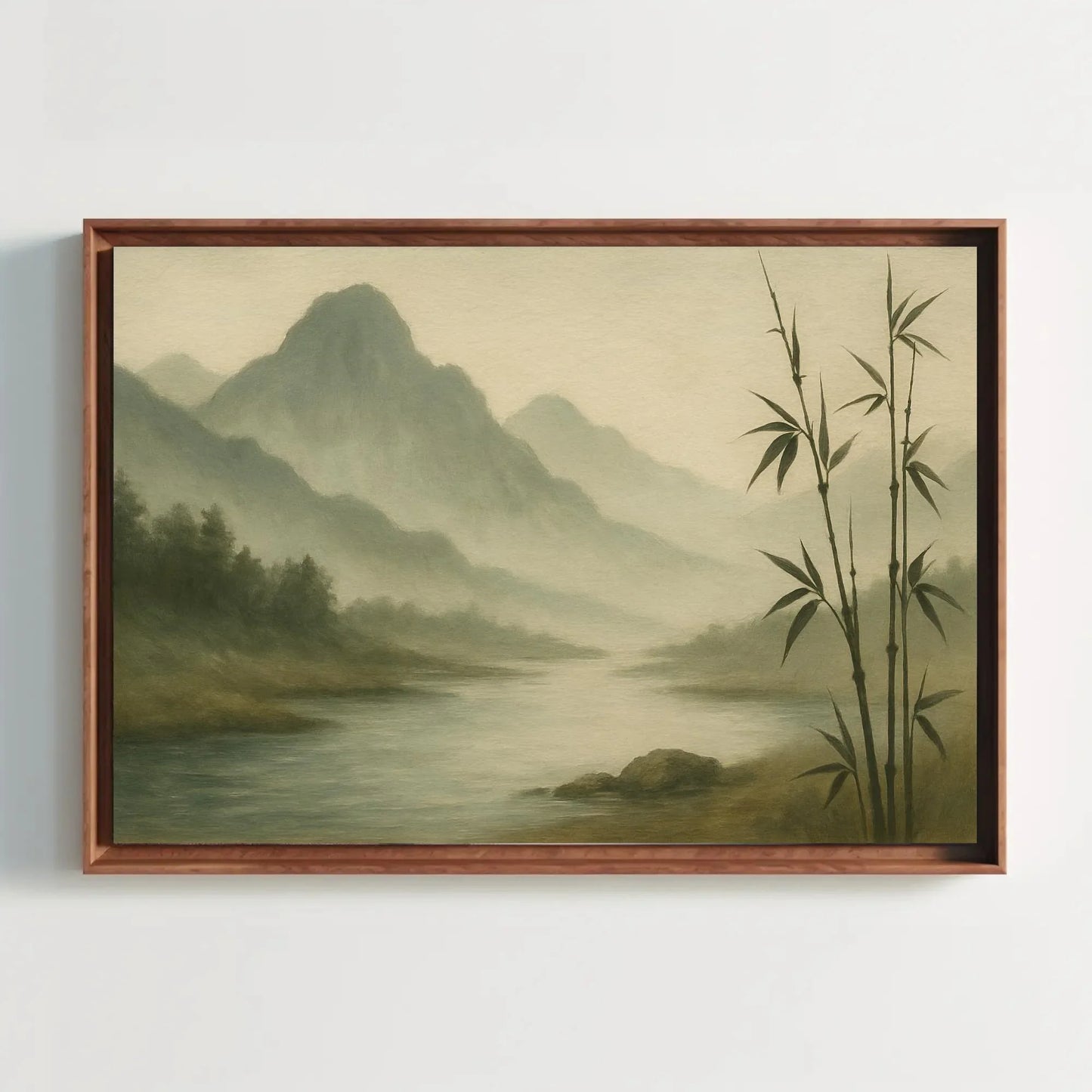 Zen Bamboo Forest River Canvas Print – Misty Mountains Painting Wall Art for Japanese Decor, Nature Tranquility and Meditative Style Wall Art – Canvas Print