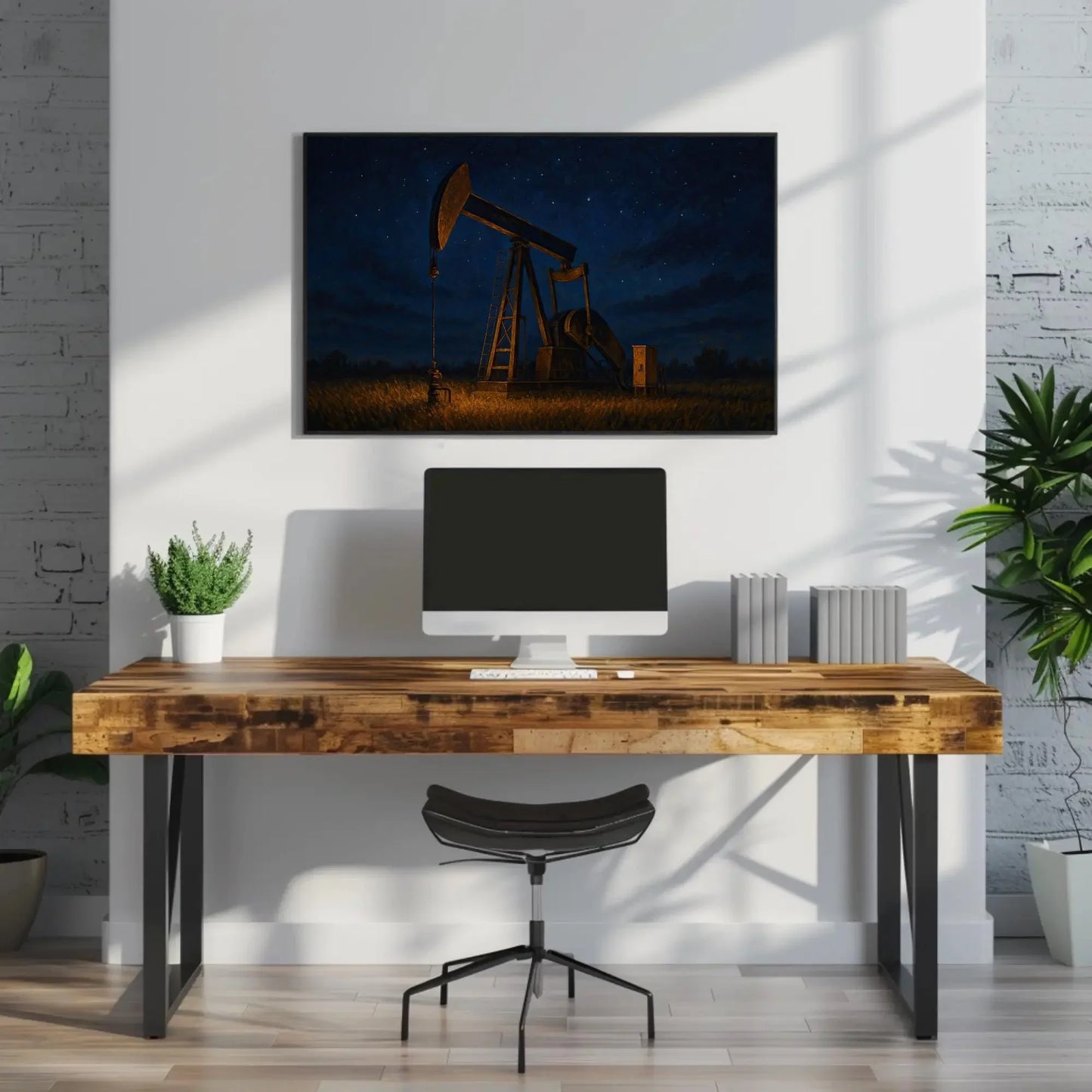 Oil Pump Jack Night Scene Canvas Print – Rustic Texas Oilfield Painting Wall Art for Western Decor, Industrial Field Energy Rig Artwork Wall Art – Canvas Print