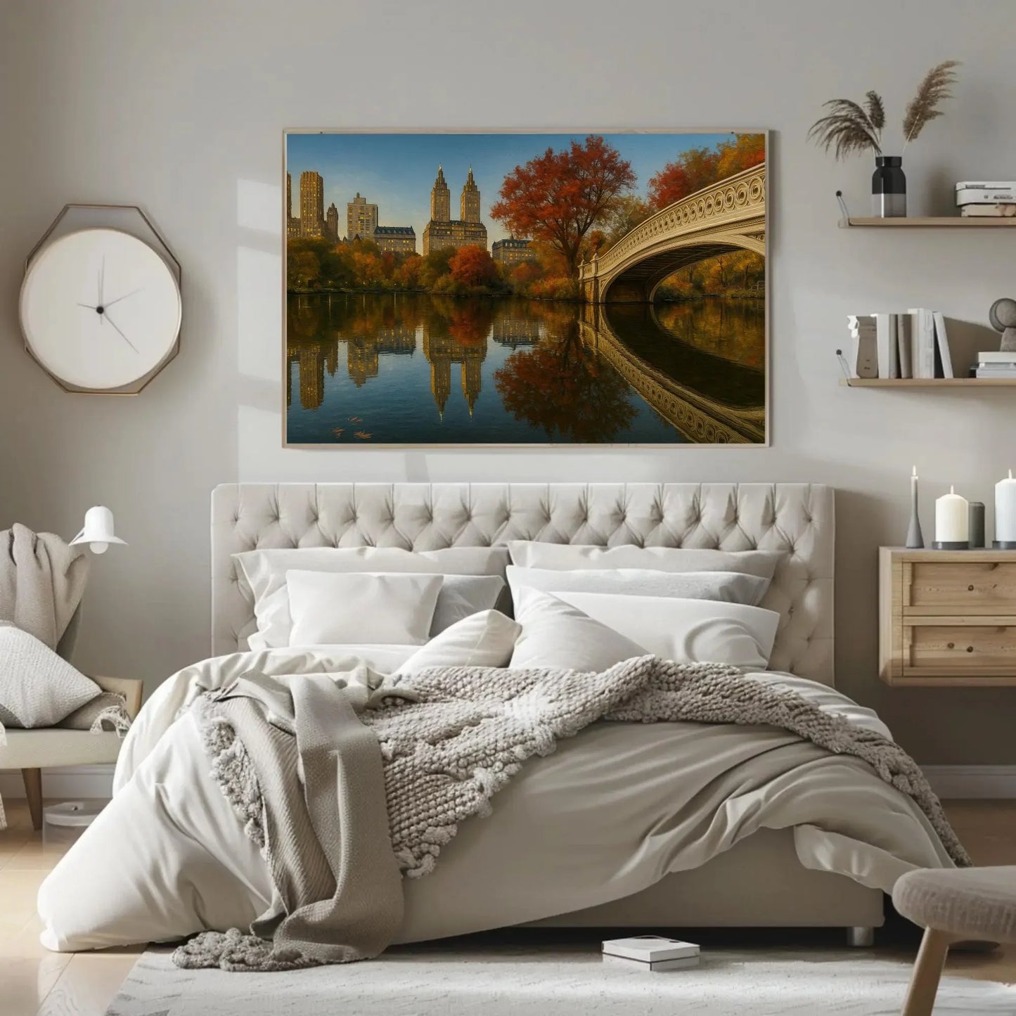Central Park NYC autumn canvas painting wall art for living room or office decor with Bow Bridge and cityscape fall foliage landscape Wall Art – Canvas Print