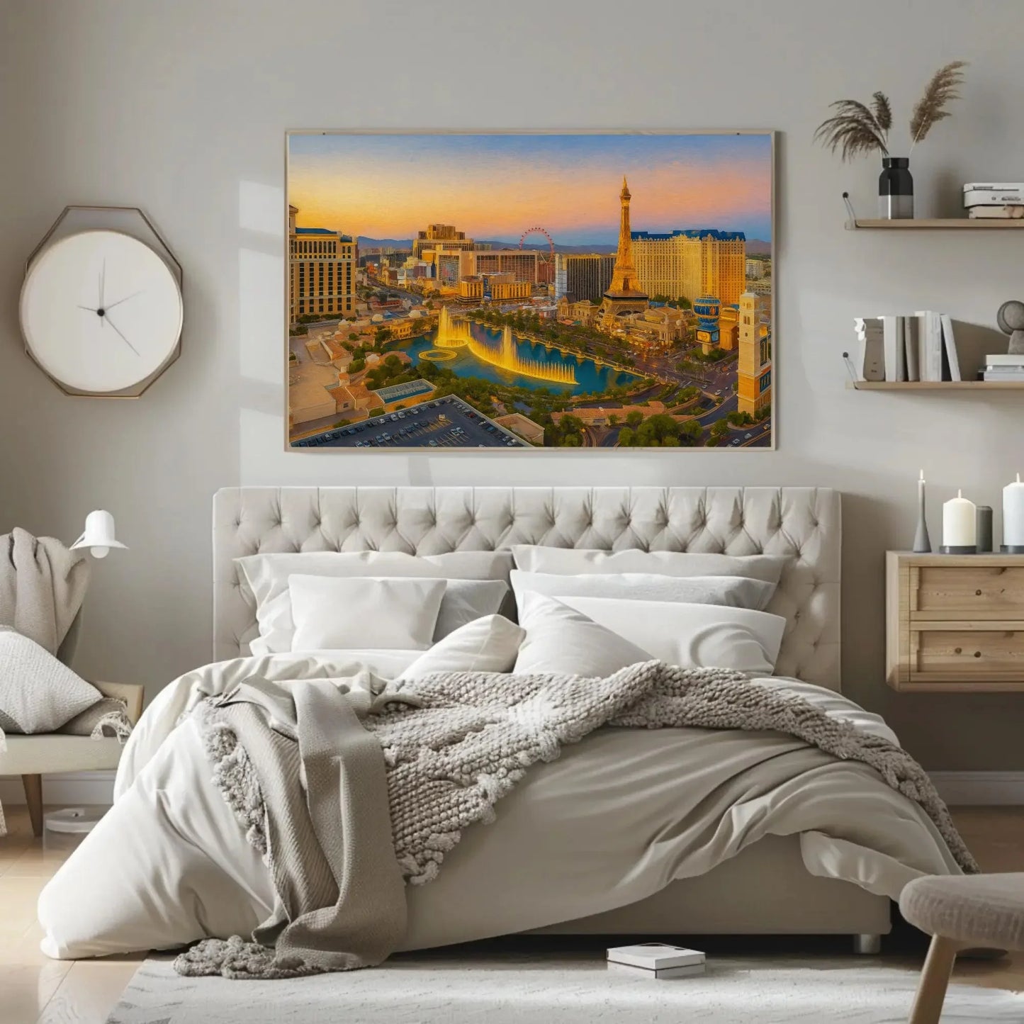 Las Vegas strip sunset canvas painting wall art for modern living room or game room decor with fountains skyline and Eiffel Tower print Wall Art – Canvas Print