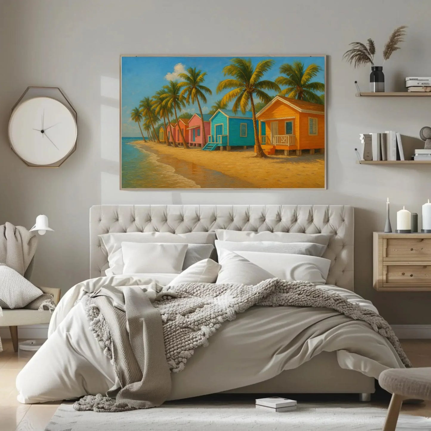 Boca Chica Beach Huts Wall Art Canvas Print with Colorful Caribbean Houses and Palm Trees in Tropical Santo Domingo Coastal Paradise Wall Art – Canvas Print