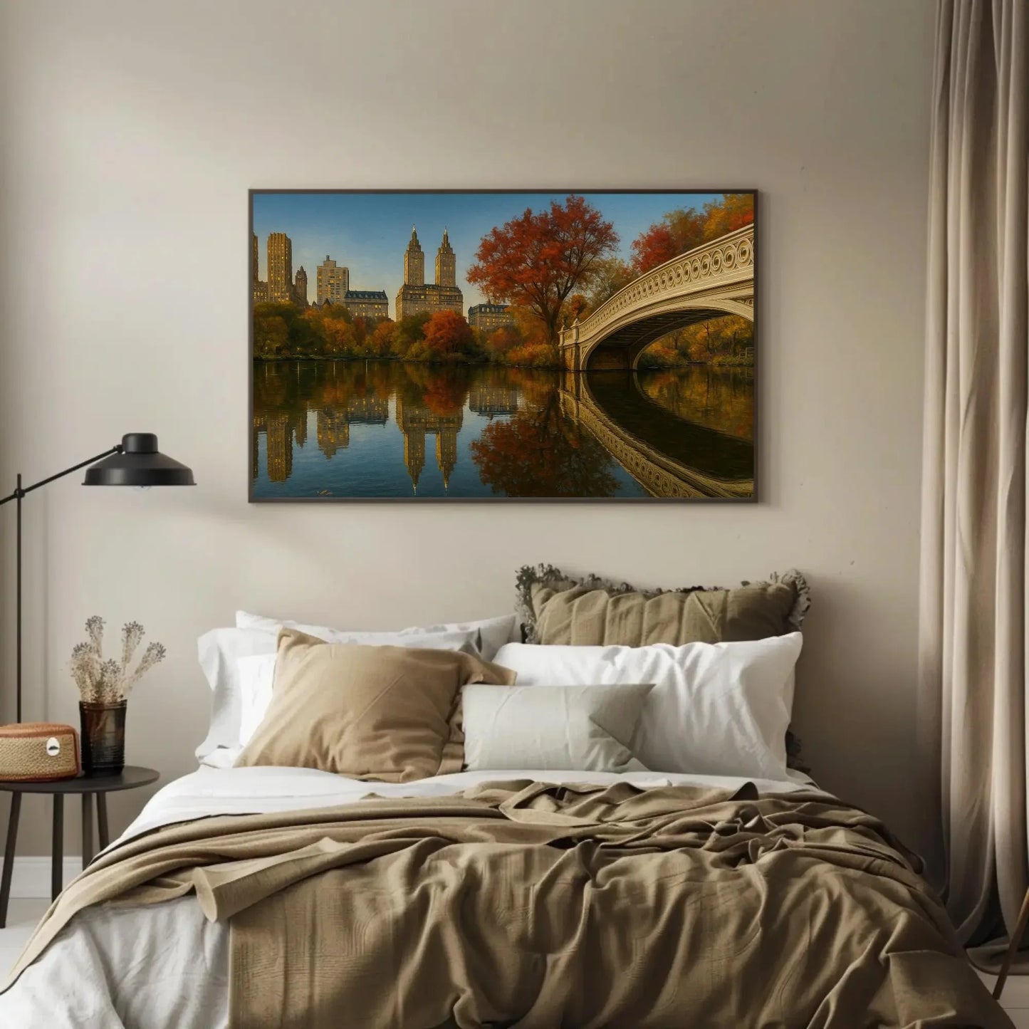 Central Park NYC autumn canvas painting wall art for living room or office decor with Bow Bridge and cityscape fall foliage landscape Wall Art – Canvas Print