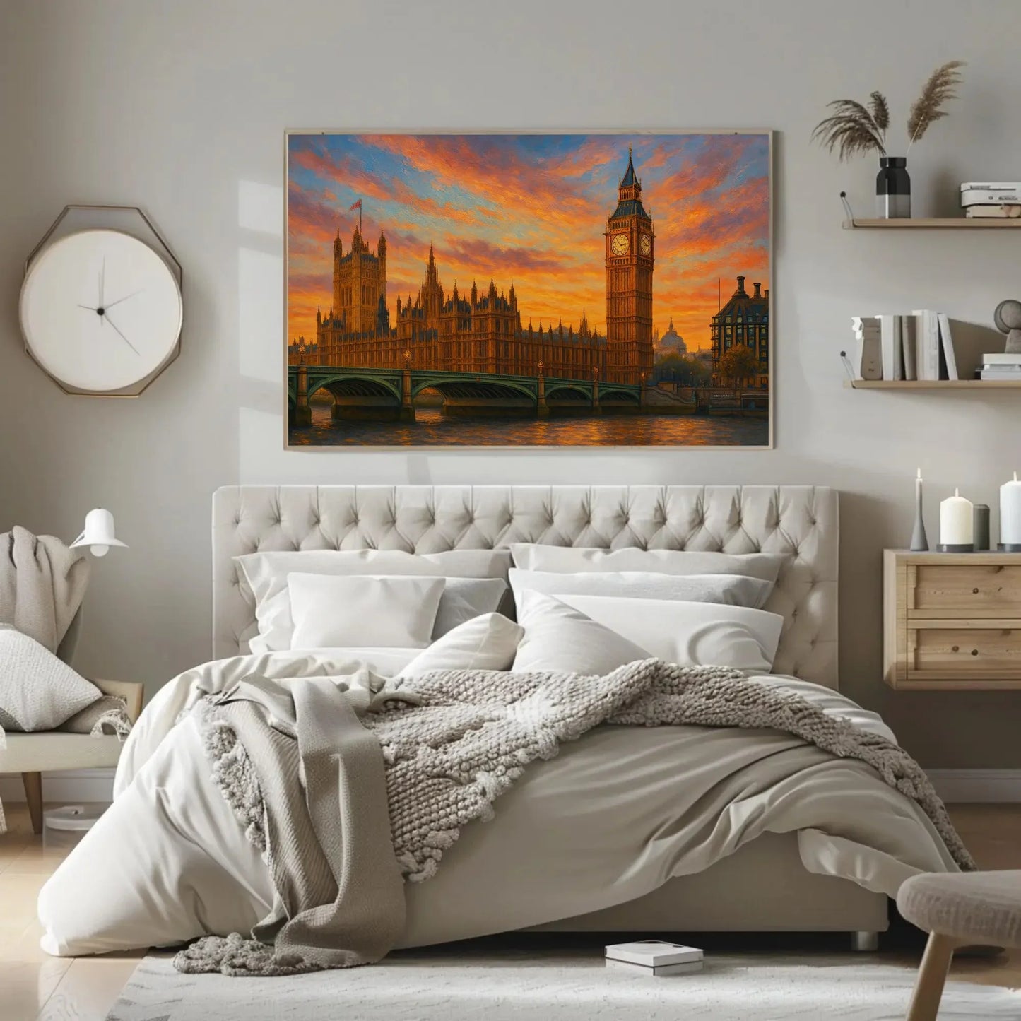 Big Ben London Canvas Print – Westminster Palace Sunset Painting – UK Cityscape Wall Art for Travel Lover Home Decoration Wall Art – Canvas Print