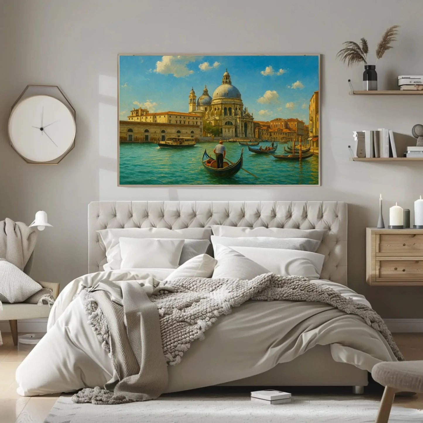 Venice Grand Canal Gondola Ride Wall Art Canvas Print with Italian Architecture and Boats on Blue Water for Romantic Europe Home De Wall Art – Canvas Print