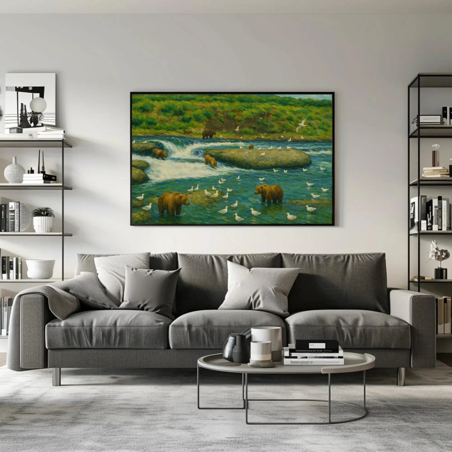 Brooks Falls Alaska grizzly bear fishing scene canvas wildlife painting for cabin lodge living room or nature themed wall decor Wall Art – Canvas Print