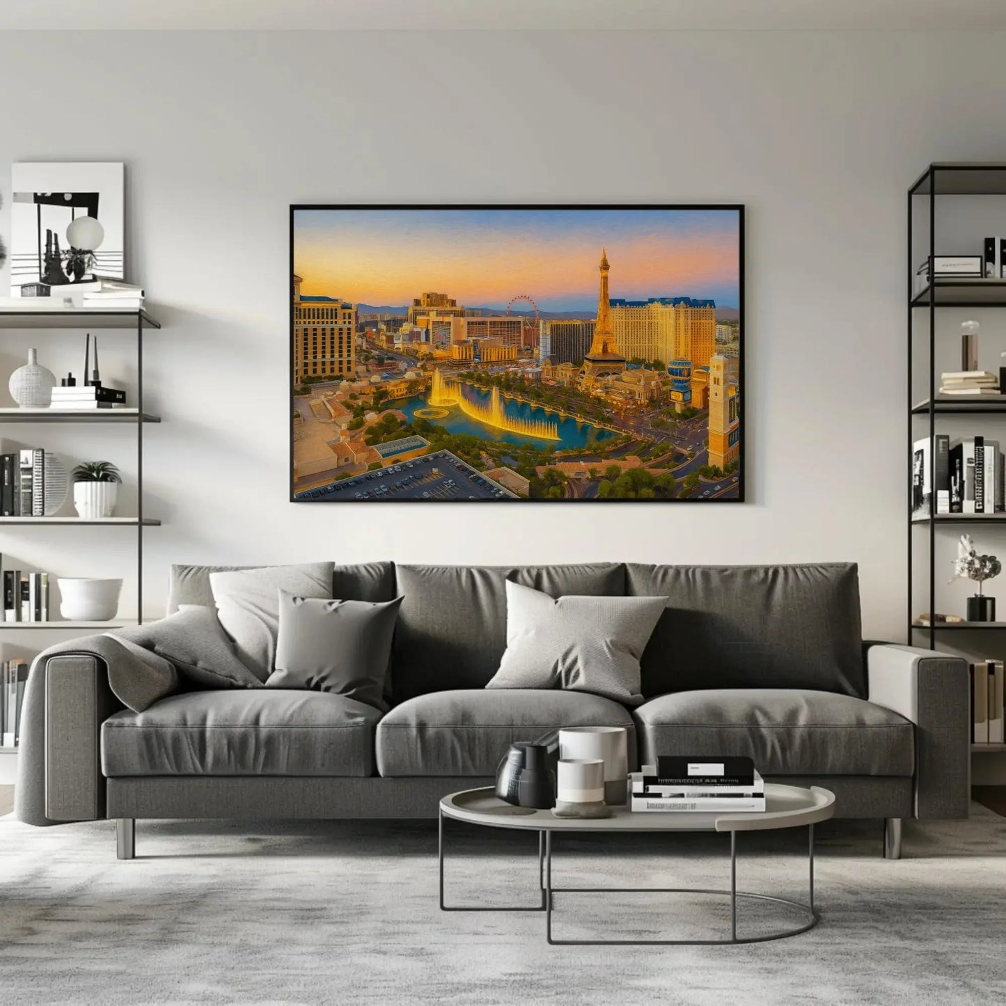 Las Vegas strip sunset canvas painting wall art for modern living room or game room decor with fountains skyline and Eiffel Tower print Wall Art – Canvas Print