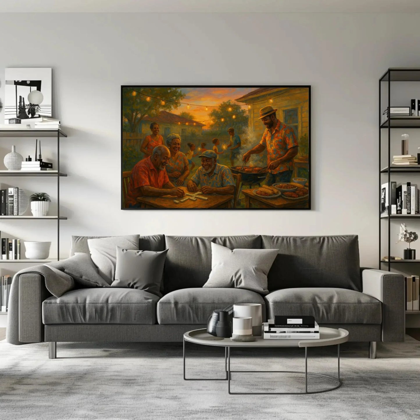 Black family barbecue canvas painting summer evening wall art for dining room kitchen or nostalgic home decor with joyful moments Wall Art – Canvas Print