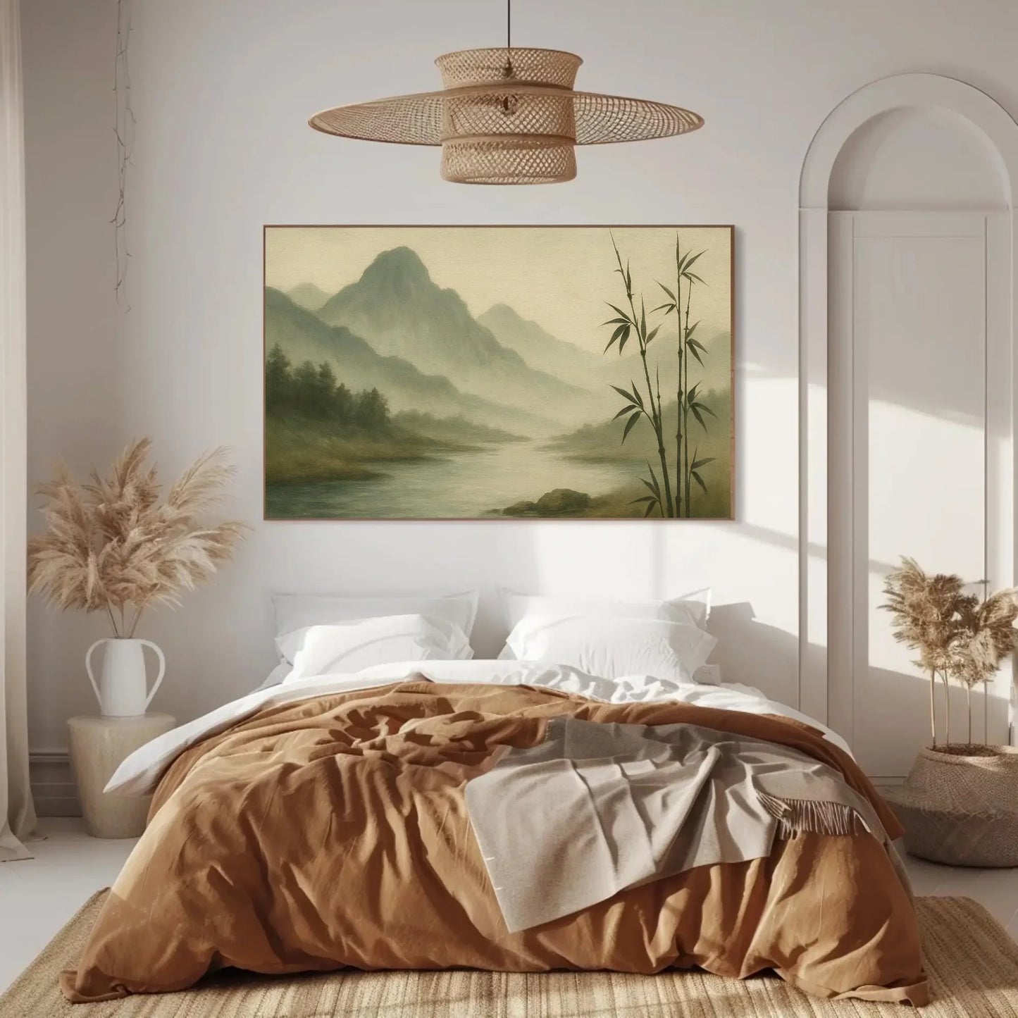 Zen Bamboo Forest River Canvas Print – Misty Mountains Painting Wall Art for Japanese Decor, Nature Tranquility and Meditative Style Wall Art – Canvas Print