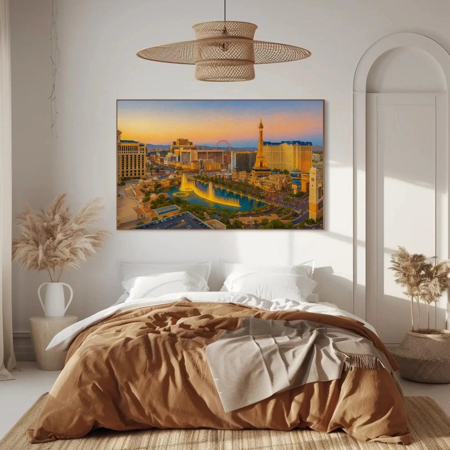 Las Vegas strip sunset canvas painting wall art for modern living room or game room decor with fountains skyline and Eiffel Tower print Wall Art – Canvas Print