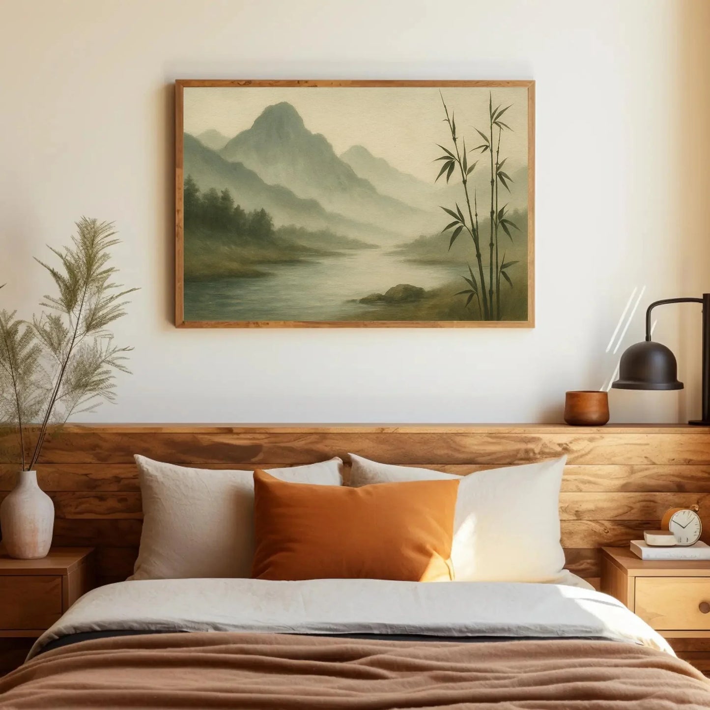 Zen Bamboo Forest River Canvas Print – Misty Mountains Painting Wall Art for Japanese Decor, Nature Tranquility and Meditative Style Wall Art – Canvas Print