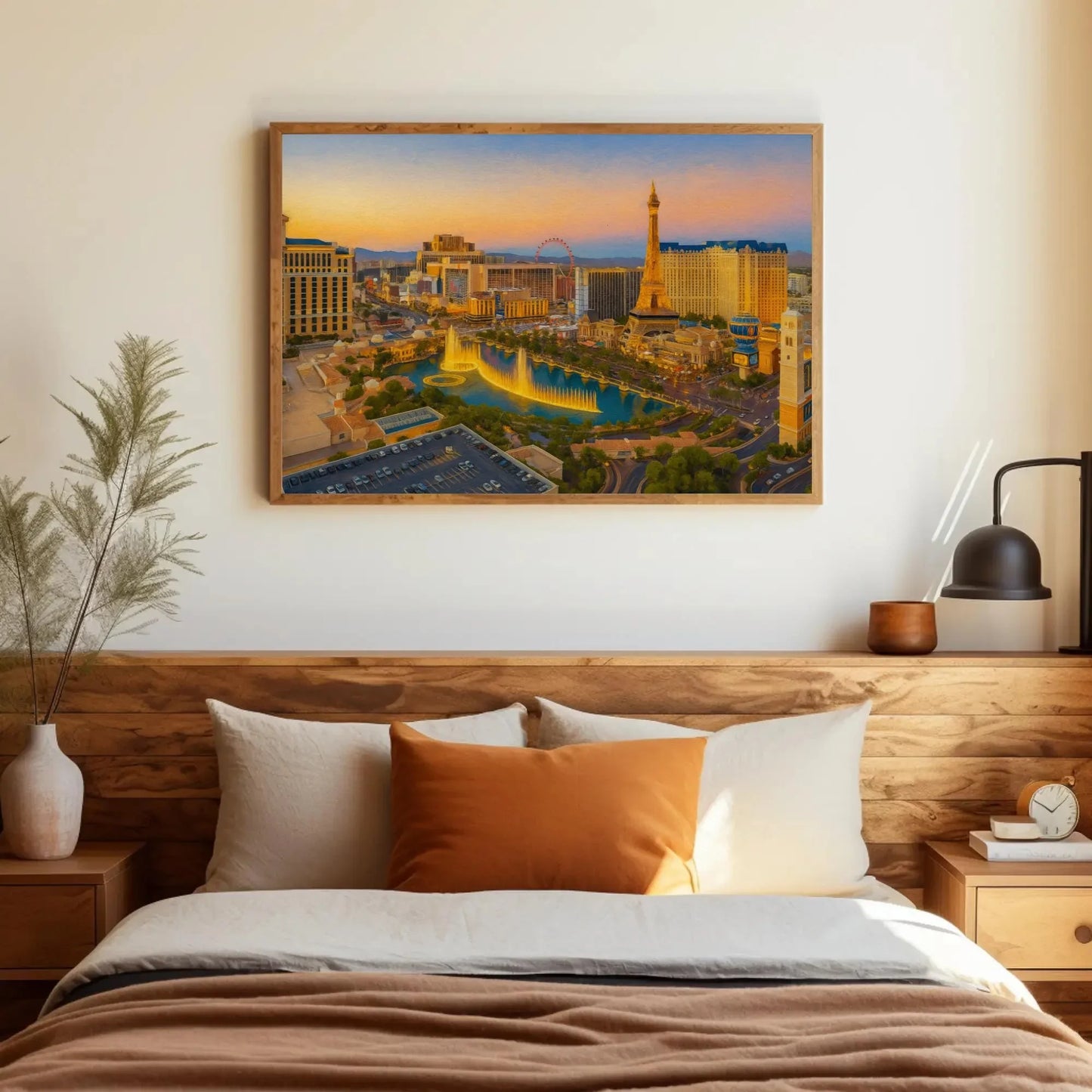 Las Vegas strip sunset canvas painting wall art for modern living room or game room decor with fountains skyline and Eiffel Tower print Wall Art – Canvas Print