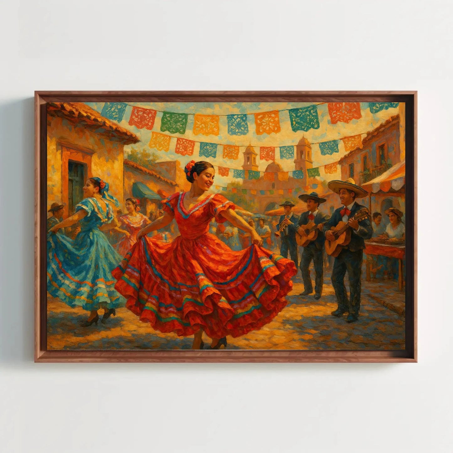 Mexican Cinco De Mayo Folk Dance Canvas Wall Art for Kitchen or Fiesta Themed Dining Room – Colorful Traditional Festival Painting Wall Art – Canvas Print