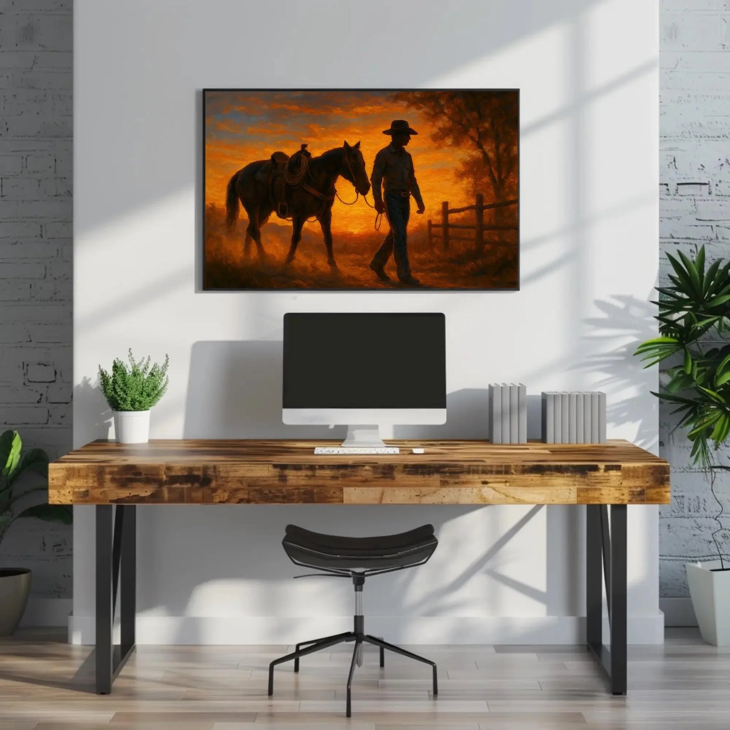 Cowboy and Horse Sunset Canvas Print – Western Ranch Wall Art Painting for Rustic Country Home Decor, Cowboy Silhouette Orange Sky Wall Art – Canvas Print