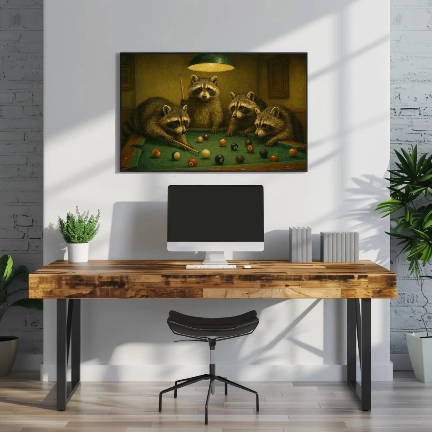 Raccoon Family Playing Pool Canvas Print Cute Animal Painting of Raccoons at Billiards Table Funny Wall Art for Bar Lounge or Cabin Wall Art – Canvas Print