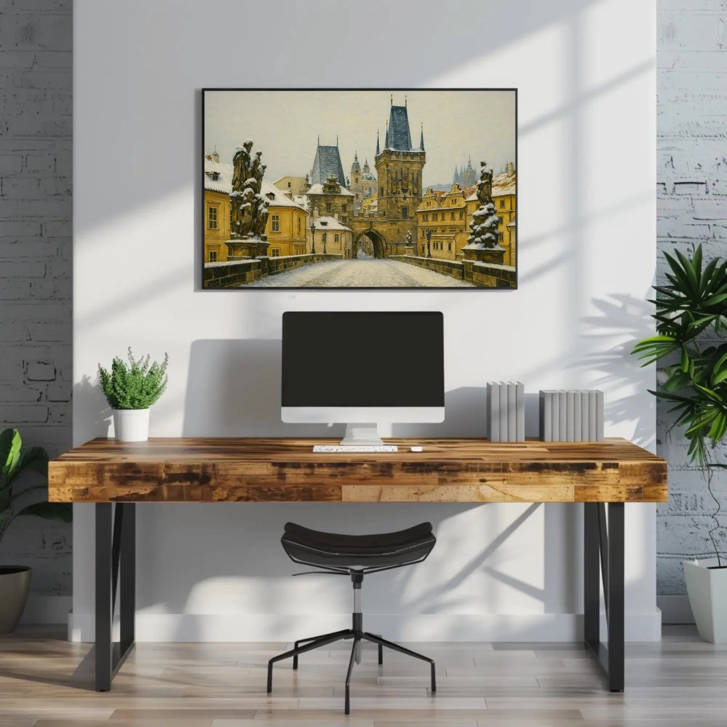 Charles Bridge Prague Winter Canvas Painting Print Czech Cityscape Wall Art Snowy Gothic Architecture Artwork for Living Room Decor Wall Art – Canvas Print