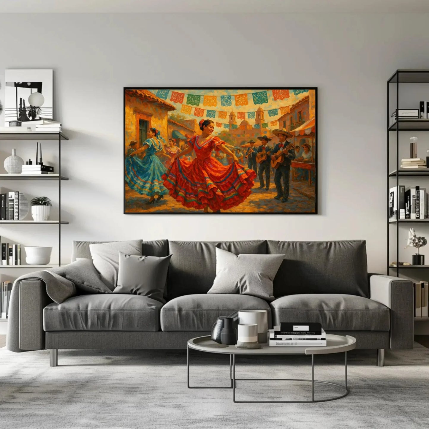 Mexican Cinco De Mayo Folk Dance Canvas Wall Art for Kitchen or Fiesta Themed Dining Room – Colorful Traditional Festival Painting Wall Art – Canvas Print