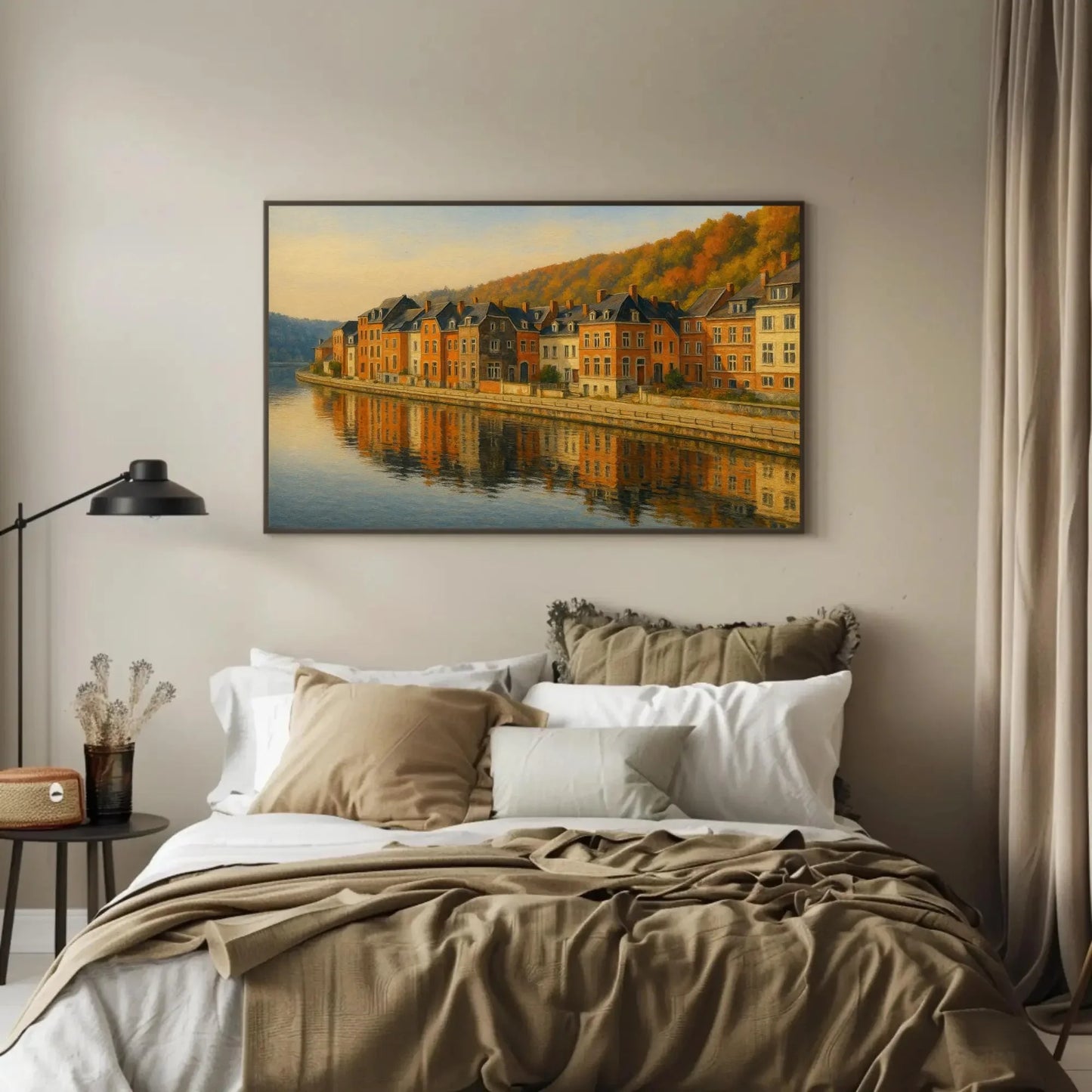 Dinant Belgium Riverside Canvas Wall Art – Reflections of Historic Townhouses Painting for European Travel Home Decor Wall Art – Canvas Print