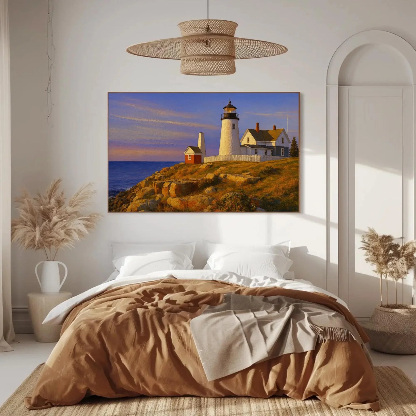 Maine lighthouse canvas wall art print coastal cliff sunset painting for beach house decor living room or nautical themed interiors Wall Art – Canvas Print