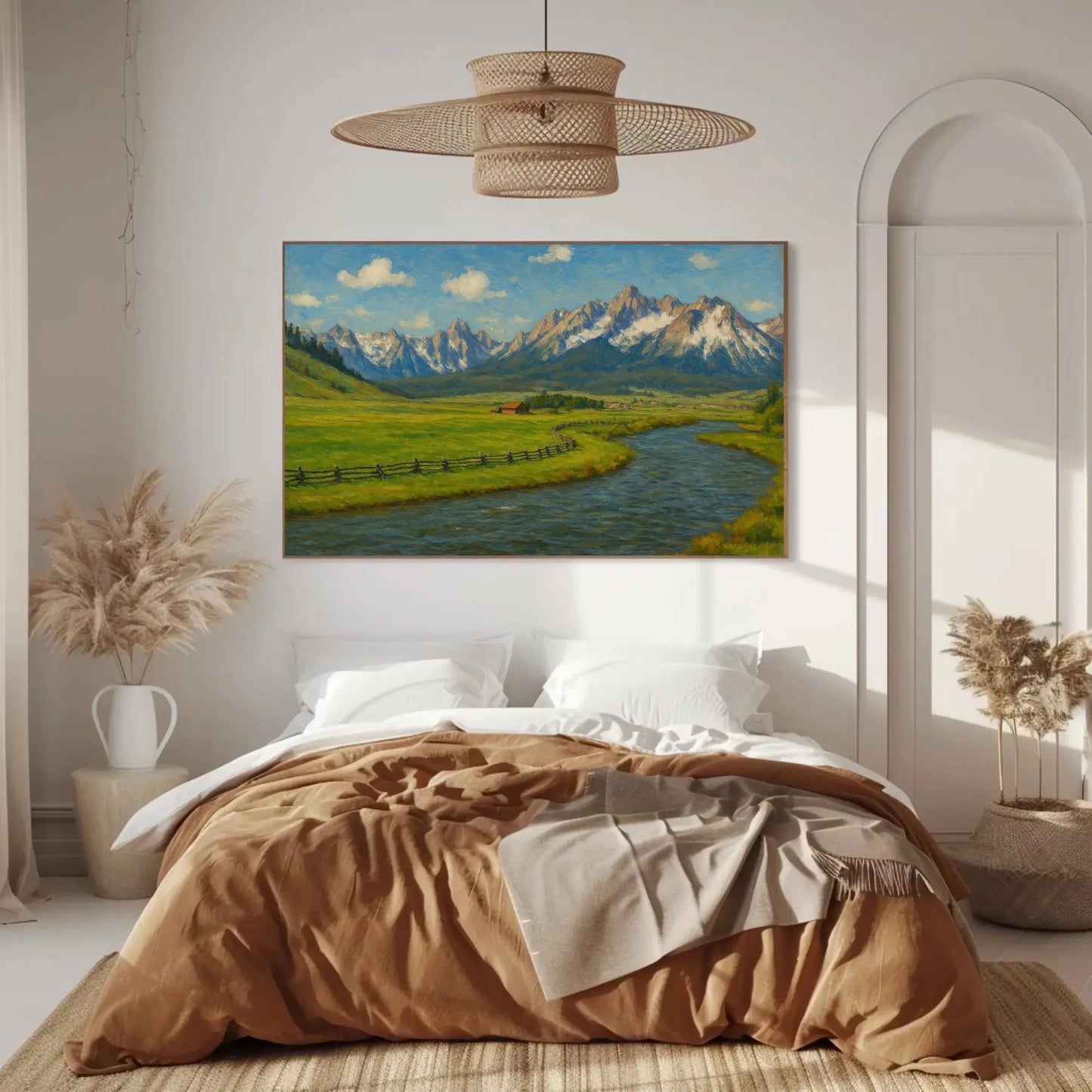 Teton Mountains and Snake River Canvas Art Print for Office or Lodge Wall Decor – Rustic Nature Landscape Painting for Country Homes Wall Art – Canvas Print