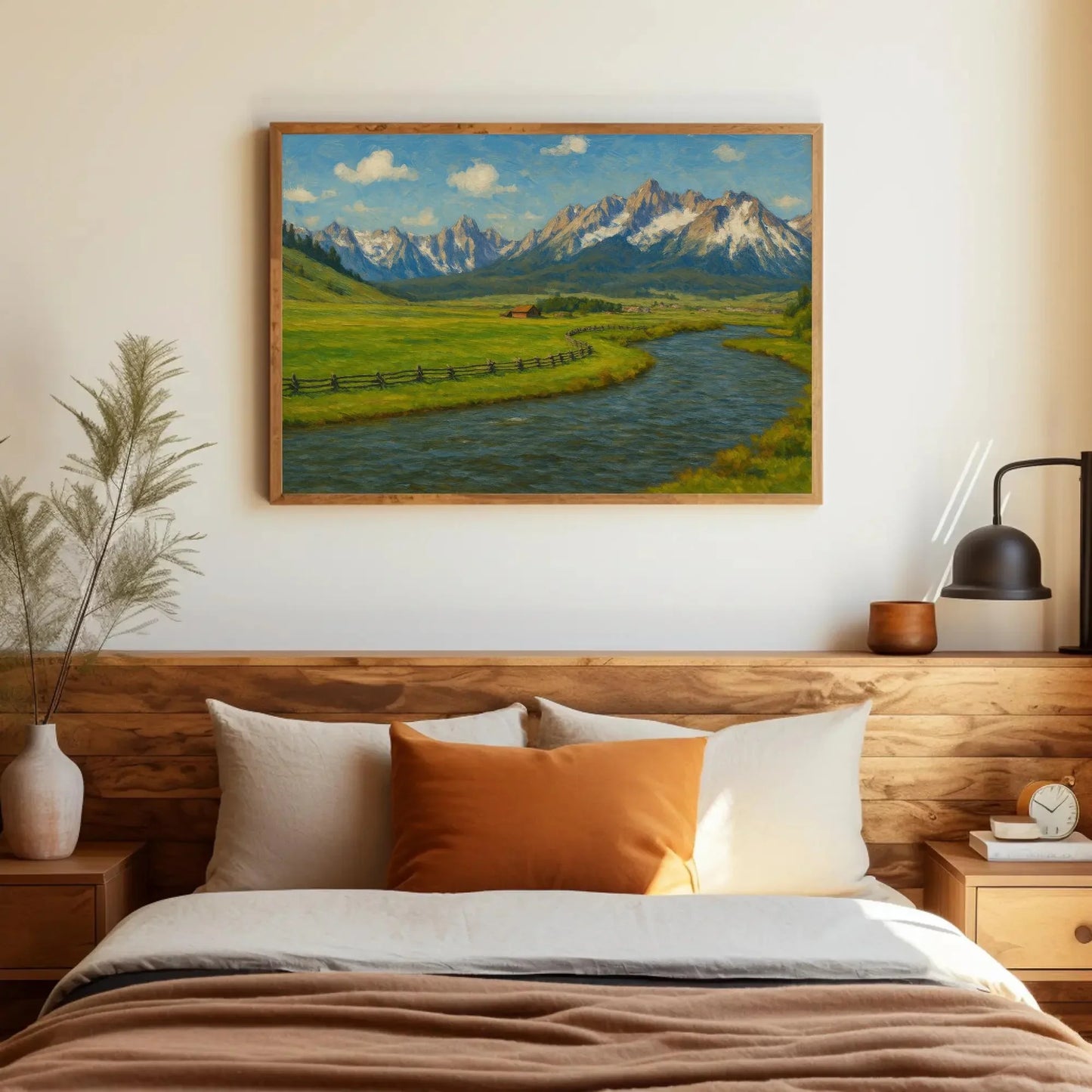 Teton Mountains and Snake River Canvas Art Print for Office or Lodge Wall Decor – Rustic Nature Landscape Painting for Country Homes Wall Art – Canvas Print