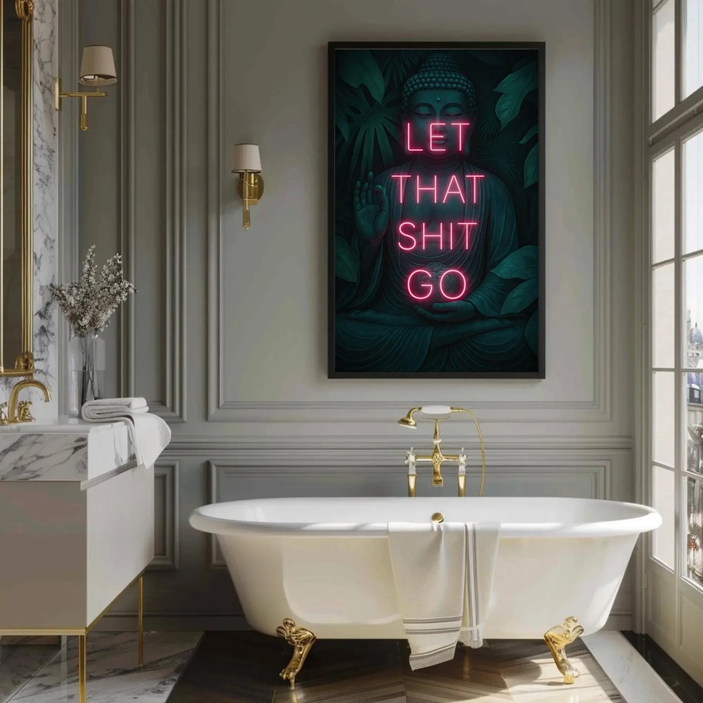 Zen Buddha Canvas Print, Extra Large “Let That Shit Go” Wall Art, Funny Motivational Quote for Bathroom, Meditation Room, or Office Decor Wall Art – Canvas Print