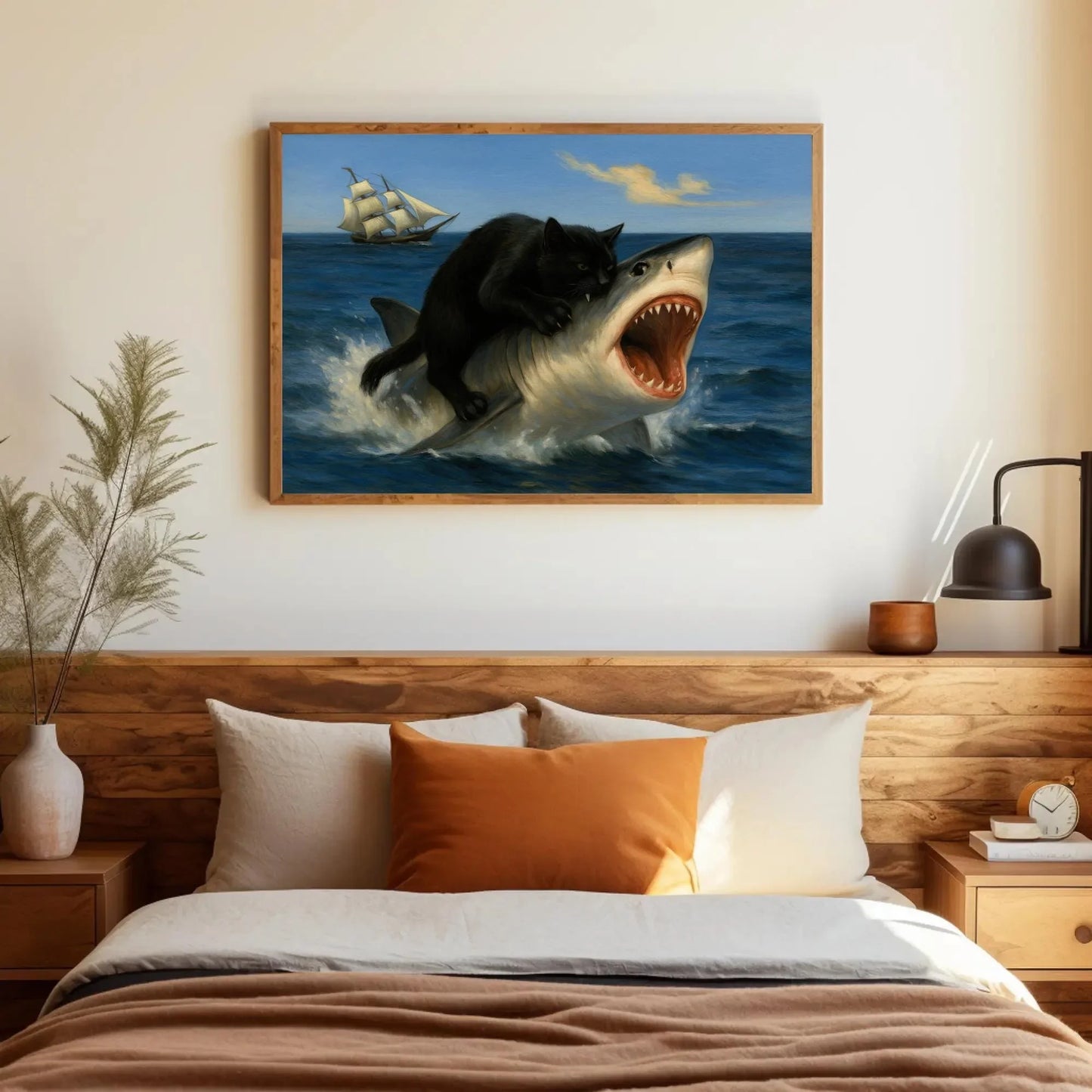 Black cat riding shark canvas wall art print for funny surreal decor or nautical animal lovers with pirate ship and ocean creature chaos Wall Art – Canvas Print
