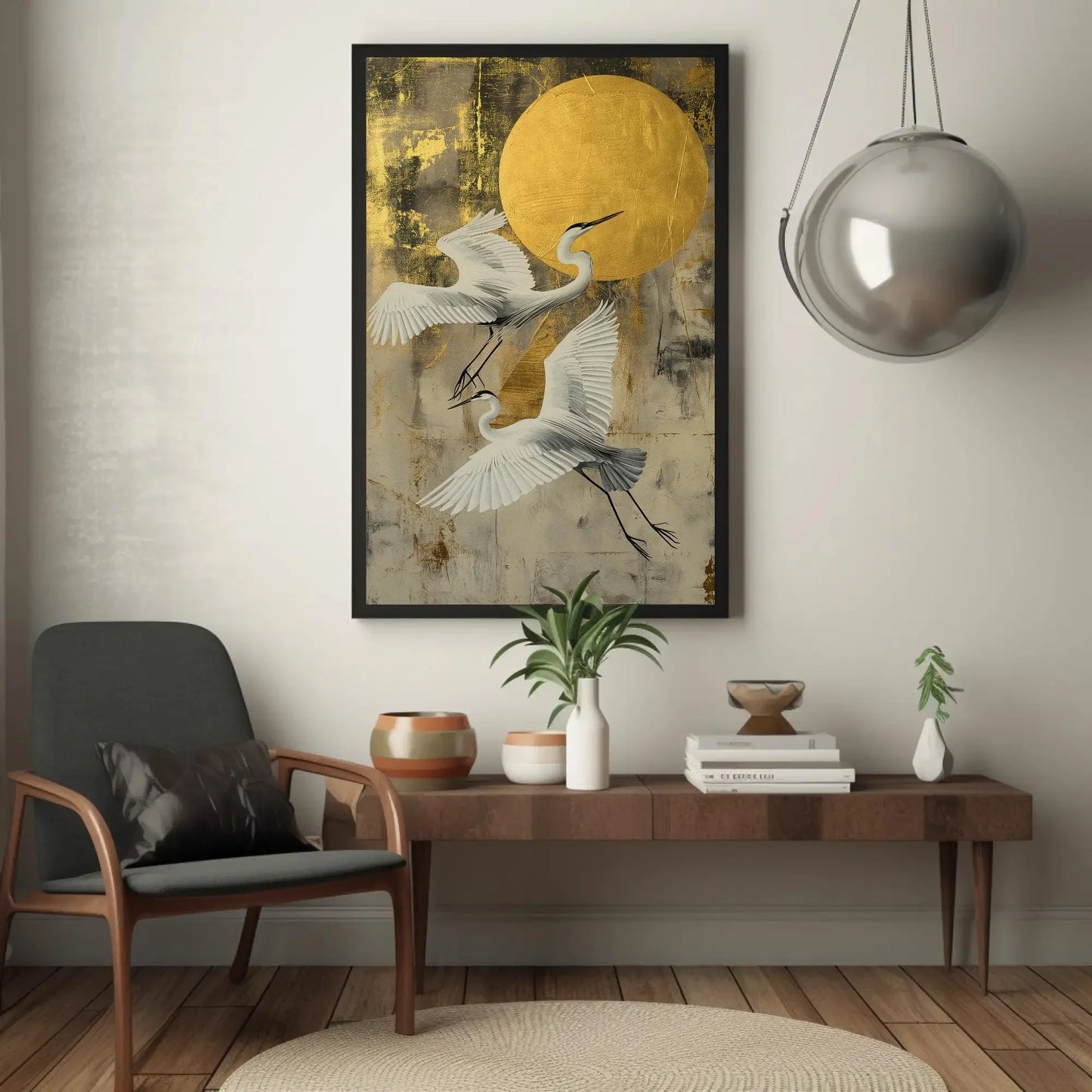 Two Herons Golden Moon Sky Canvas Print, Extra Large Elegant Bird Wall Art, Painting for Japandi, Boho, or Nature Bedroom or Living Room Wall Art – Canvas Print