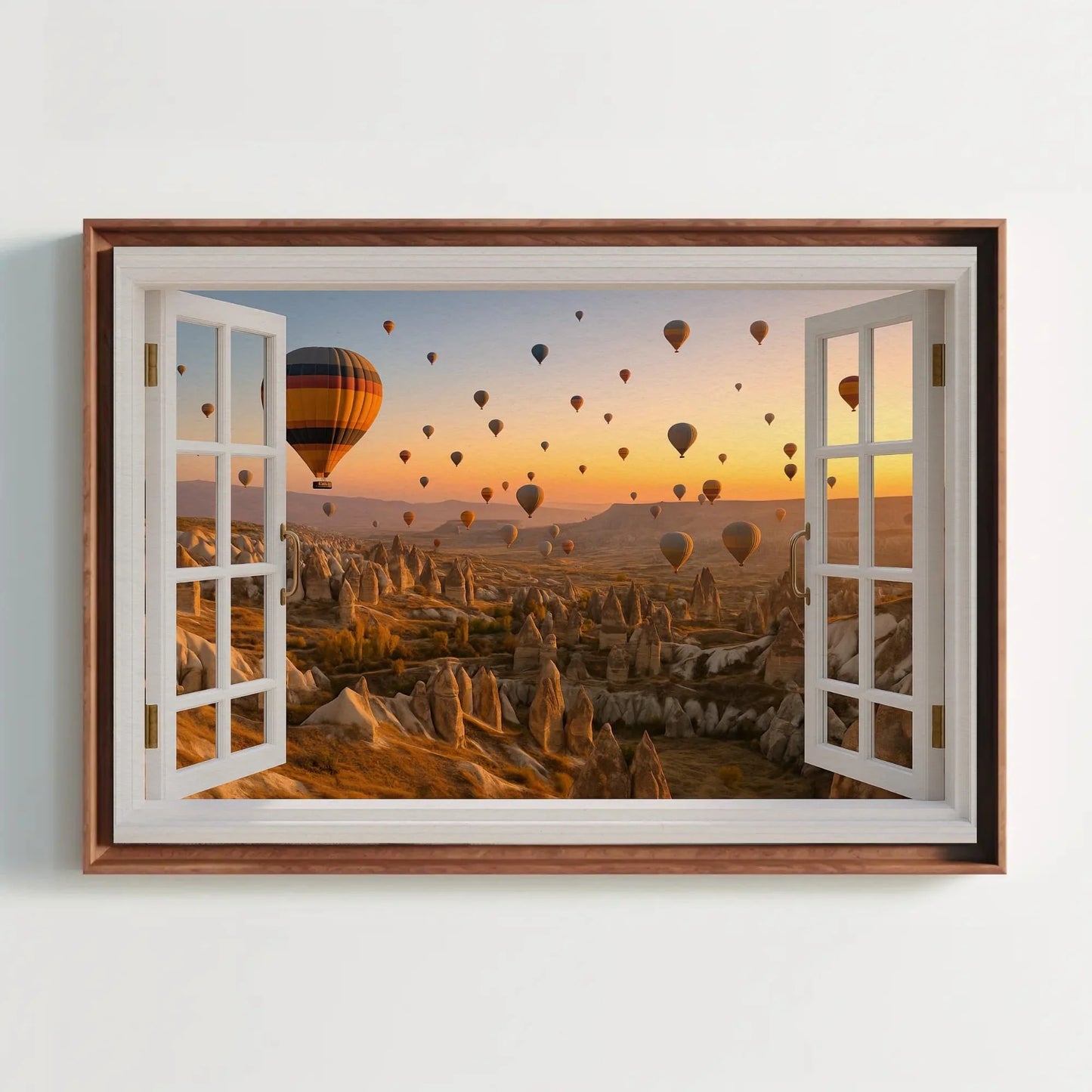 Cappadocia hot air balloon open window view canvas wall art print for travel lovers or warm neutral decor inspired by Turkish skies Wall Art – Canvas Print