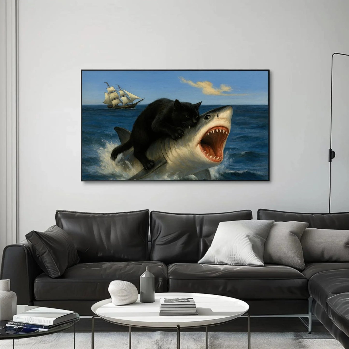 Black cat riding shark canvas wall art print for funny surreal decor or nautical animal lovers with pirate ship and ocean creature chaos Wall Art – Canvas Print