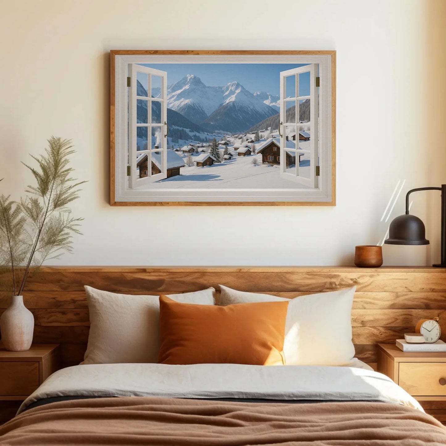 Alpine winter village canvas wall art print with snowy cabin view and open window frame for cozy mountain home or rustic lodge decor Wall Art – Canvas Print