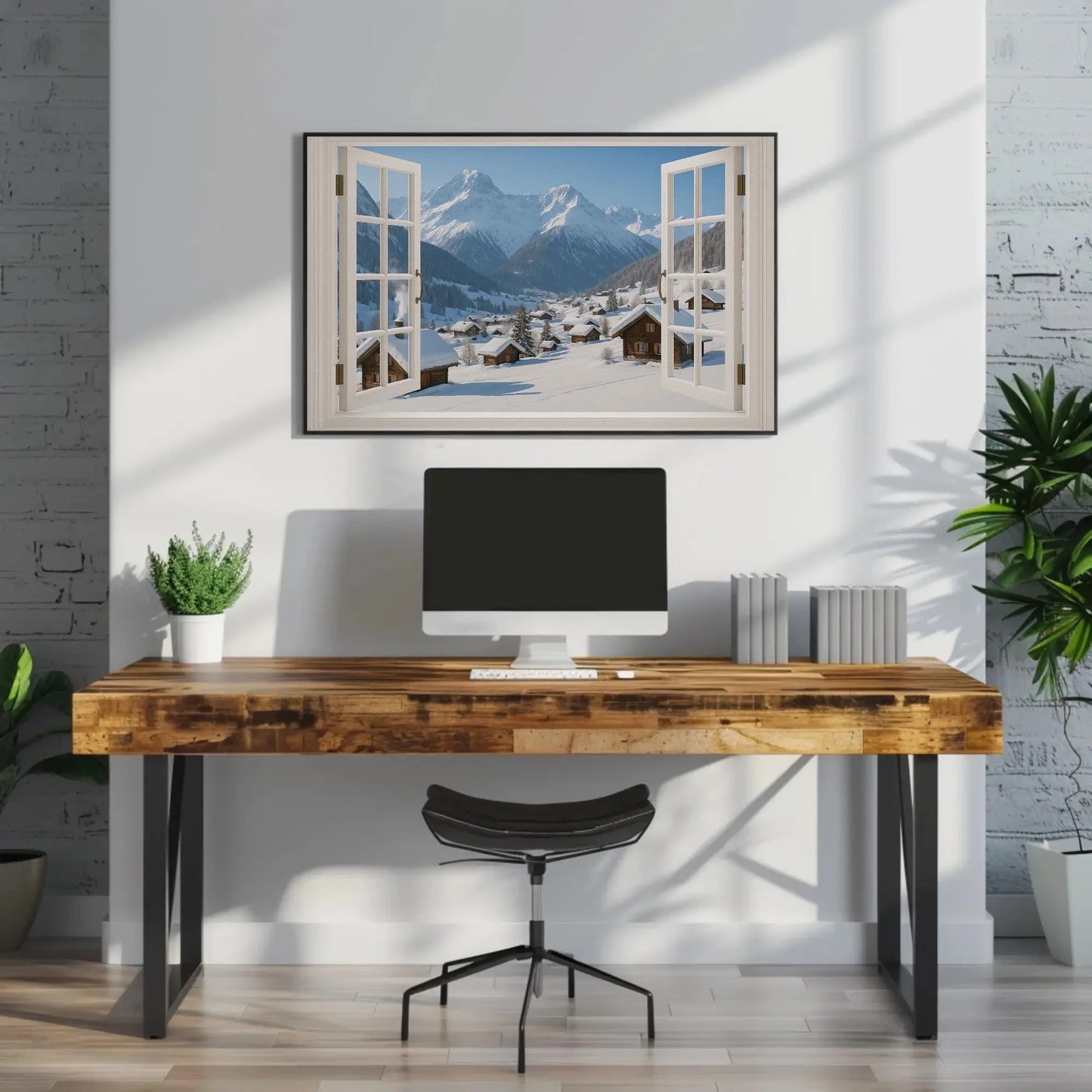 Alpine winter village canvas wall art print with snowy cabin view and open window frame for cozy mountain home or rustic lodge decor Wall Art – Canvas Print