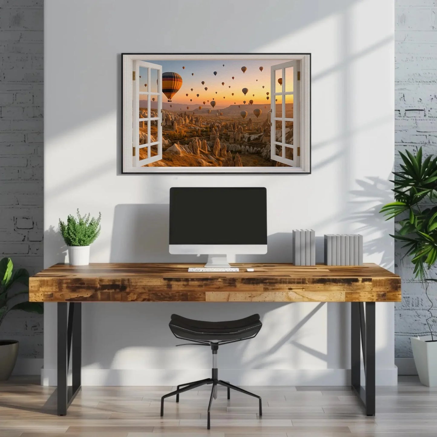 Cappadocia hot air balloon open window view canvas wall art print for travel lovers or warm neutral decor inspired by Turkish skies Wall Art – Canvas Print