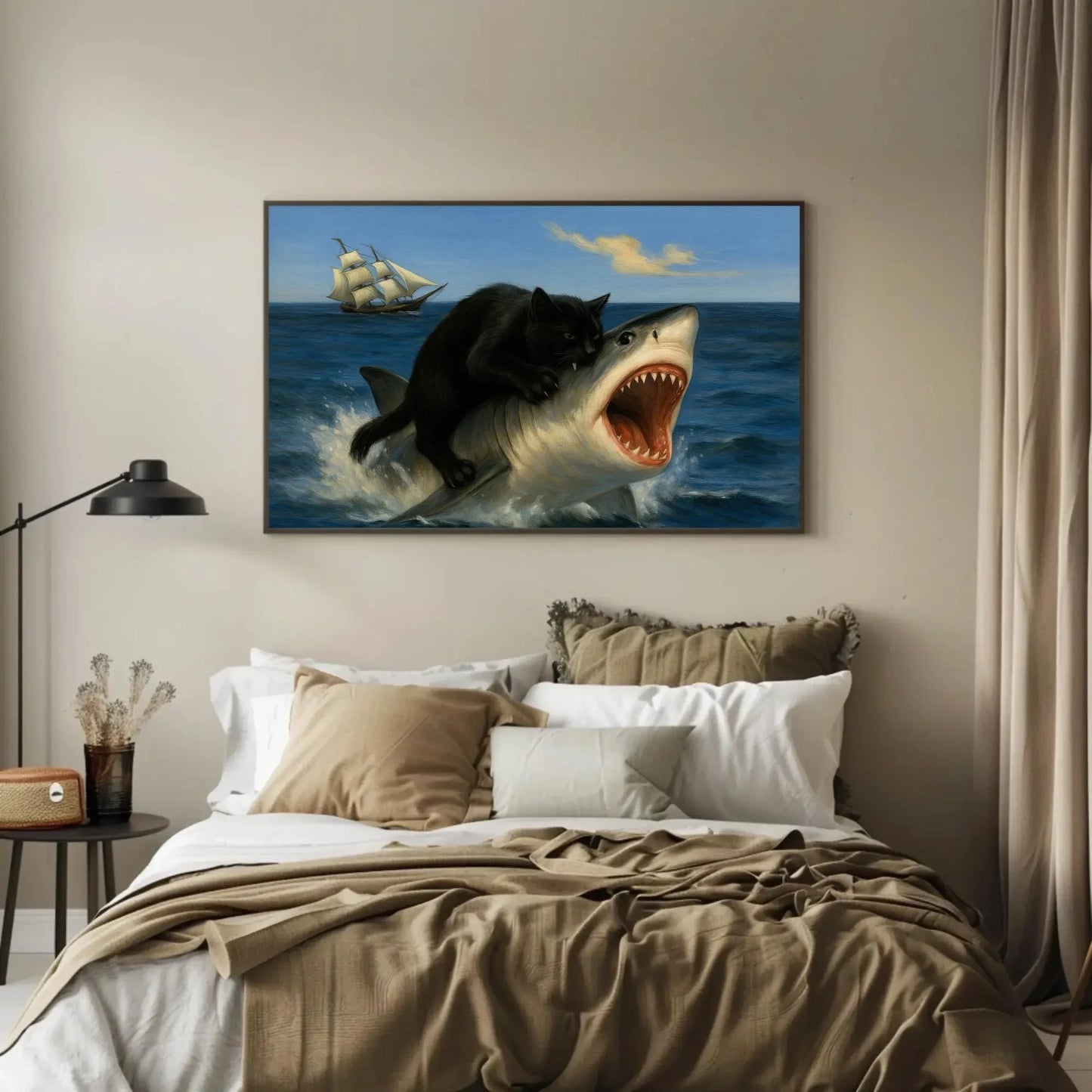 Black cat riding shark canvas wall art print for funny surreal decor or nautical animal lovers with pirate ship and ocean creature chaos Wall Art – Canvas Print