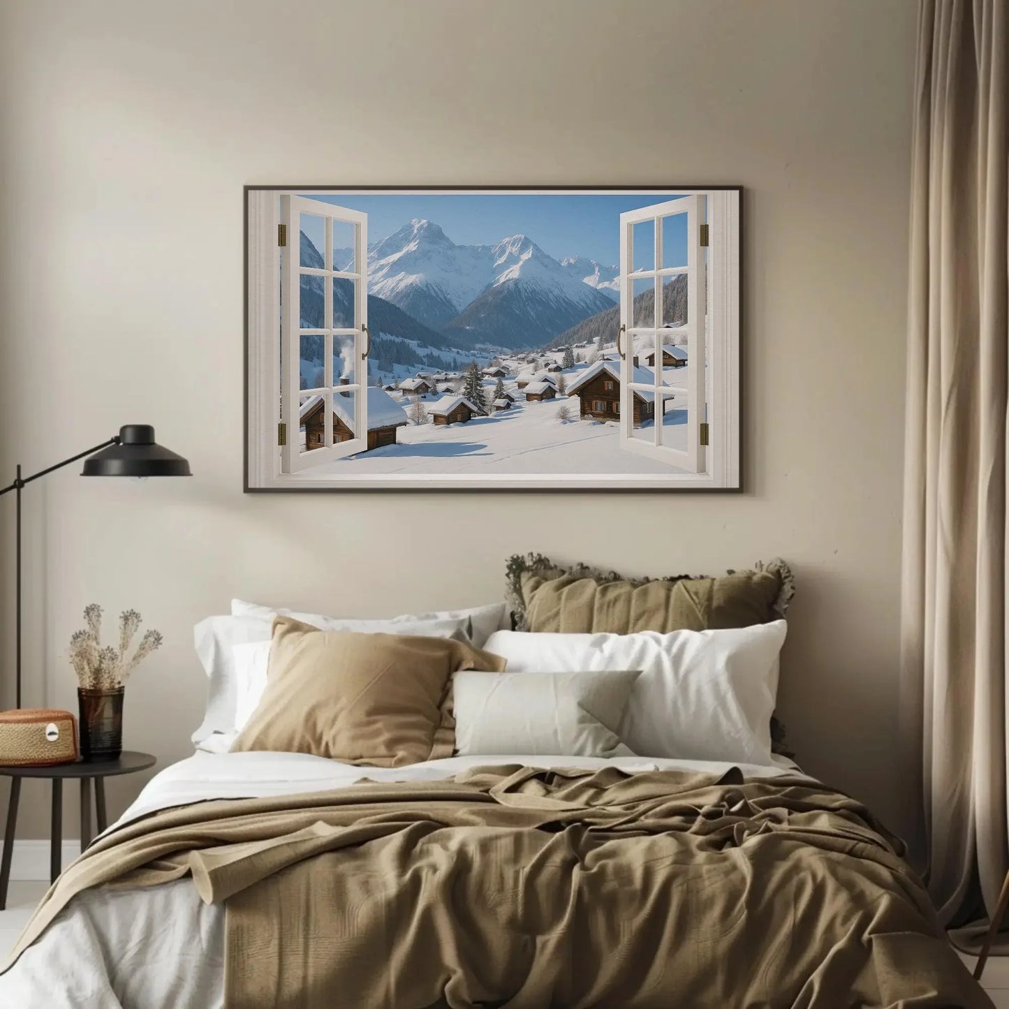 Alpine winter village canvas wall art print with snowy cabin view and open window frame for cozy mountain home or rustic lodge decor Wall Art – Canvas Print