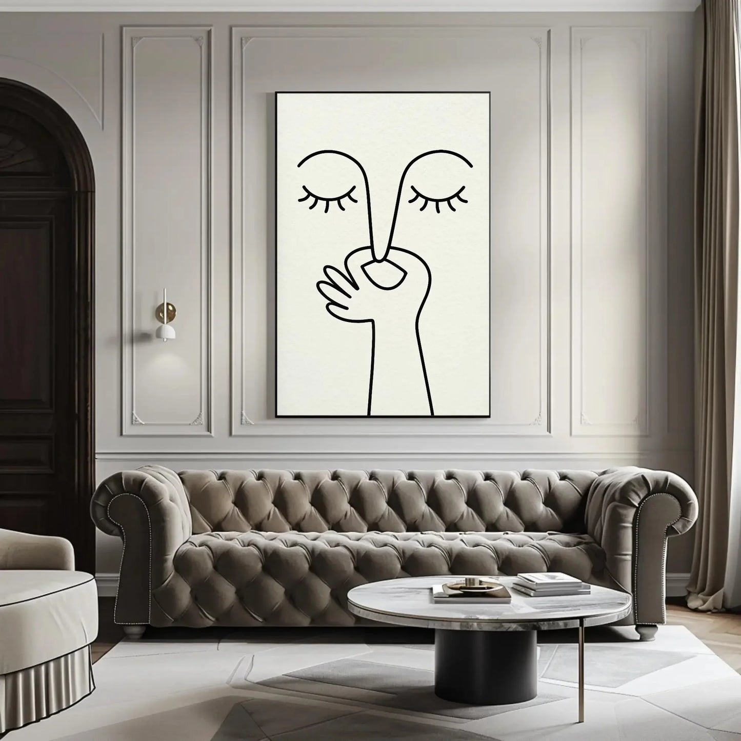 Minimalist abstract shh face canvas wall art print for modern bedroom or meditative quiet decor with eyes closed hand silence symbol Wall Art – Canvas Print