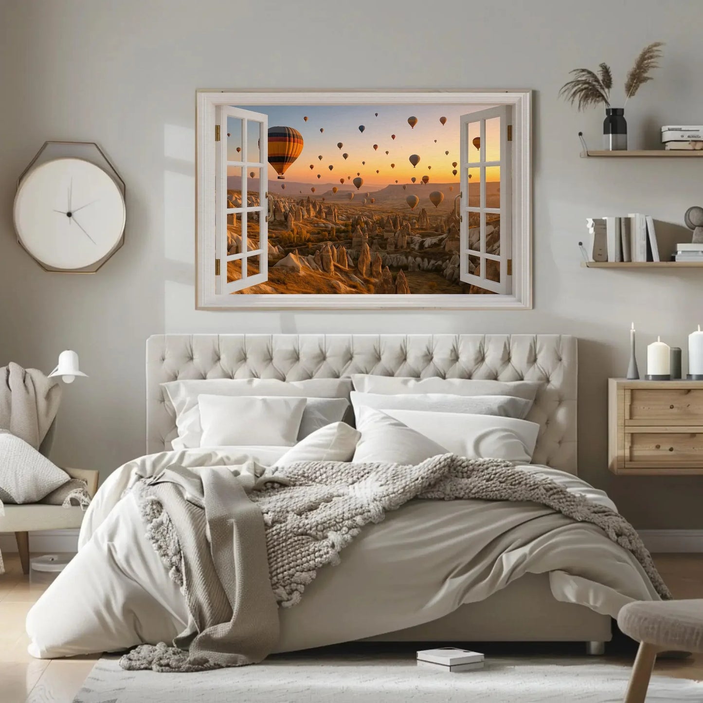 Cappadocia hot air balloon open window view canvas wall art print for travel lovers or warm neutral decor inspired by Turkish skies Wall Art – Canvas Print