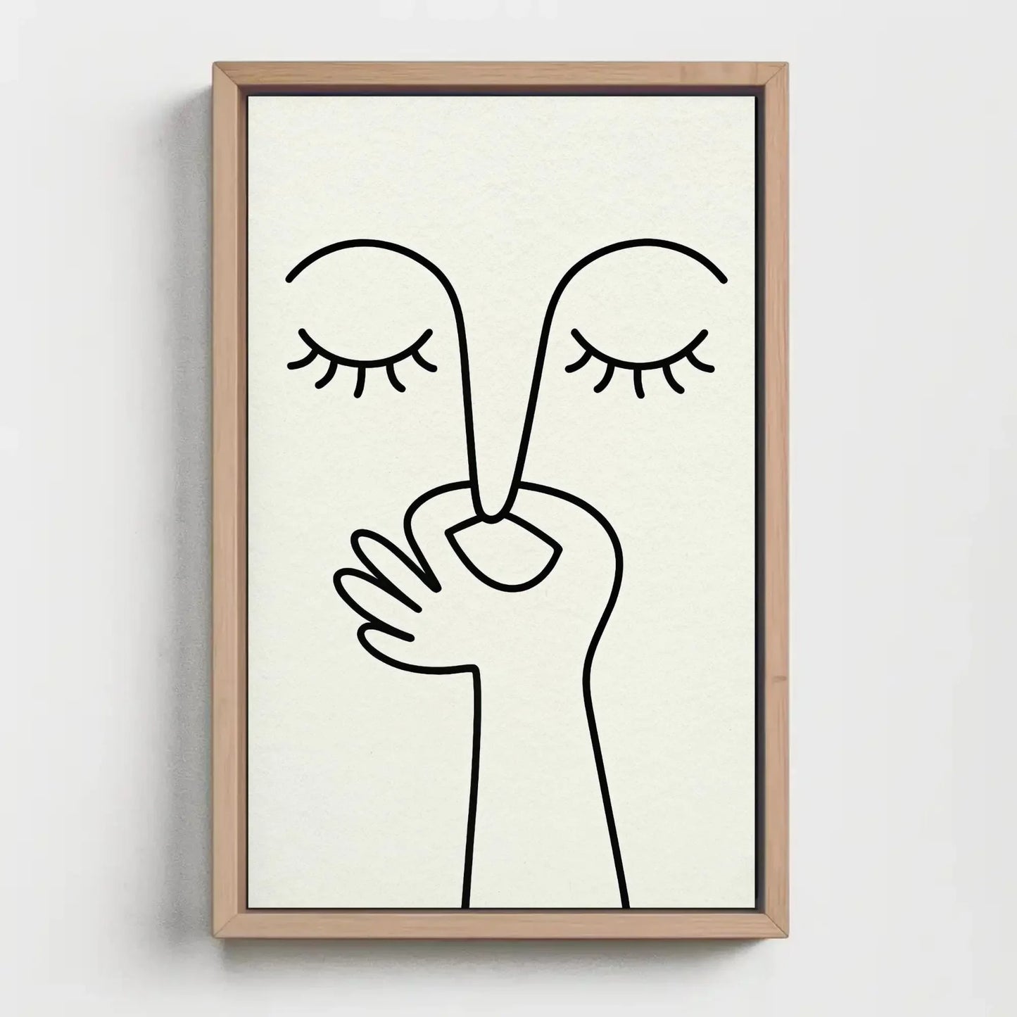 Minimalist abstract shh face canvas wall art print for modern bedroom or meditative quiet decor with eyes closed hand silence symbol Wall Art – Canvas Print