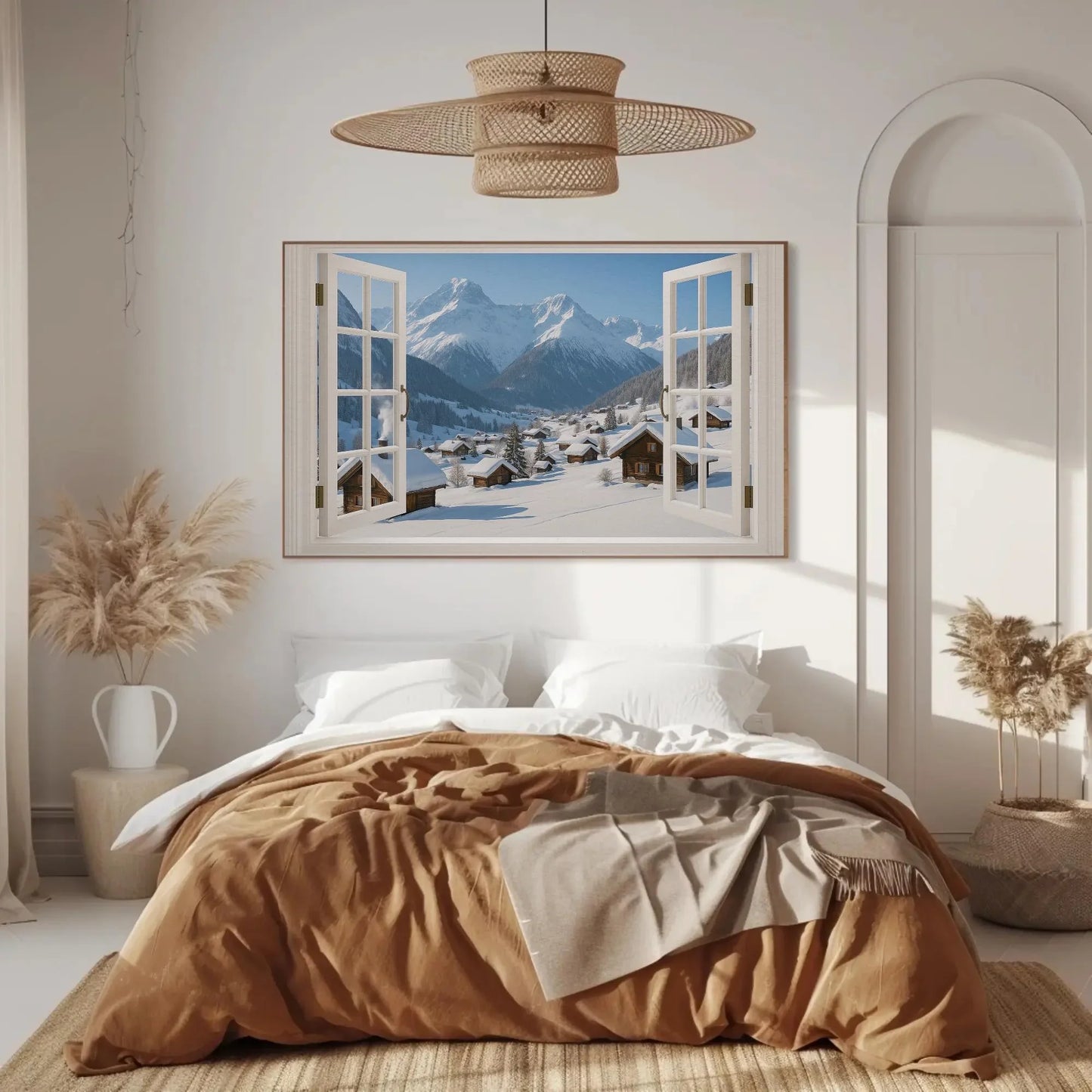 Alpine winter village canvas wall art print with snowy cabin view and open window frame for cozy mountain home or rustic lodge decor Wall Art – Canvas Print
