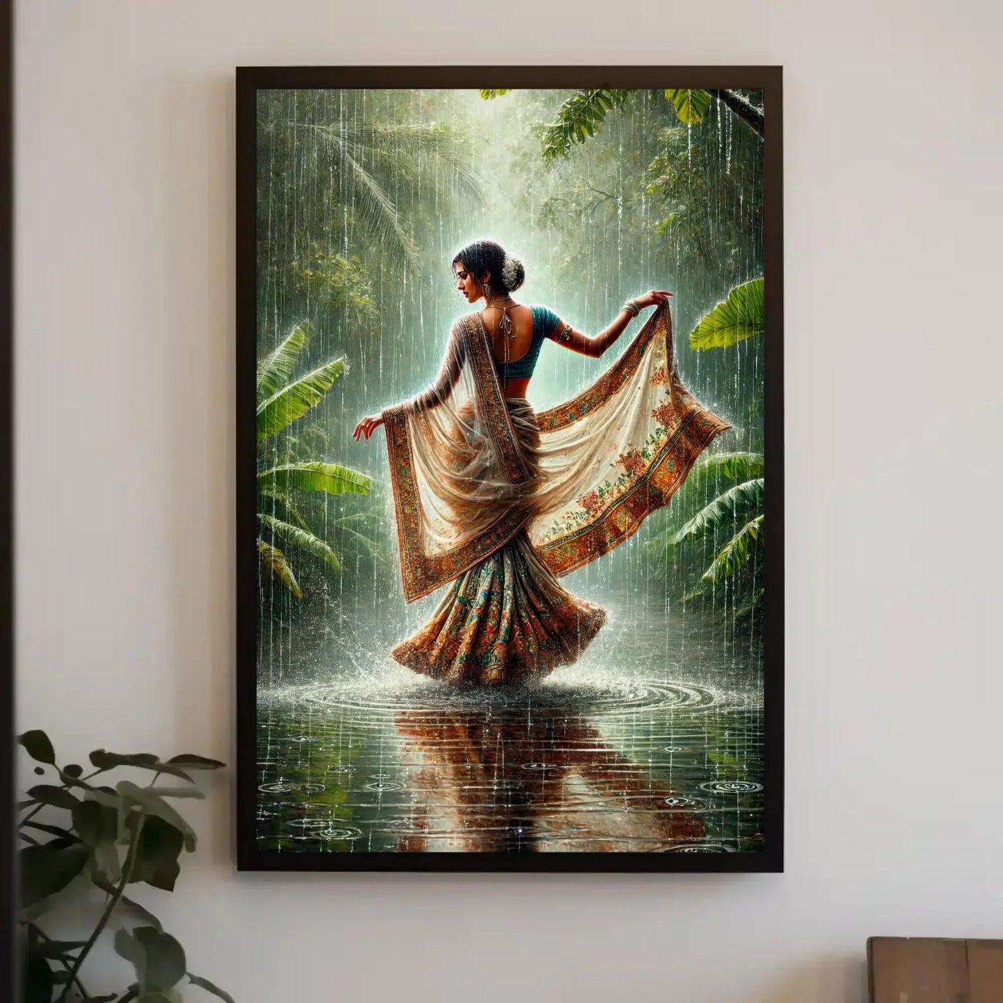 Traditional Indian Women in Tropical Green Rainy Jungle Canvas Print | Cultural Oil Painting | Vibrant Indian Wall Art for Living Room Wall Art – Canvas Print