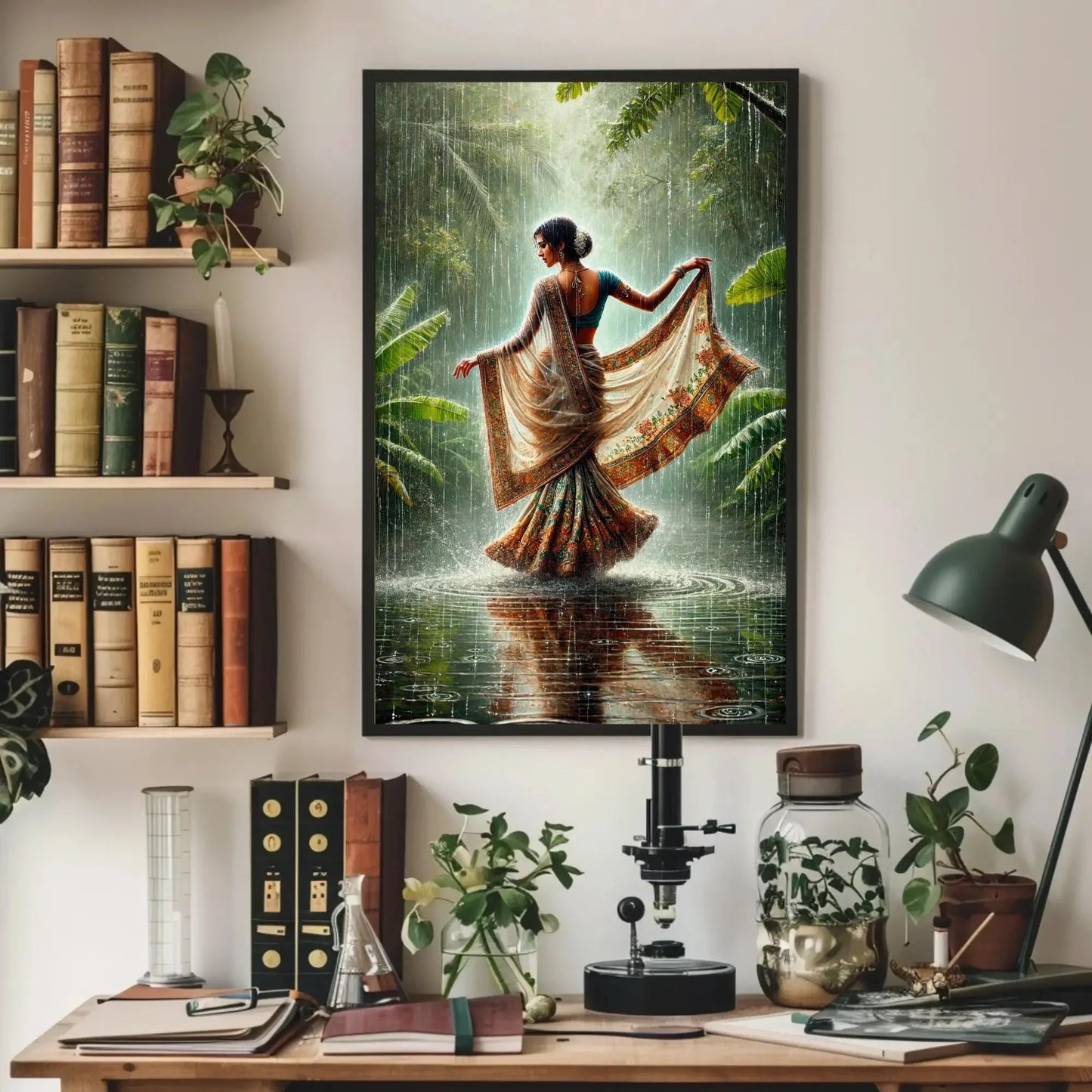 Traditional Indian Women in Tropical Green Rainy Jungle Canvas Print | Cultural Oil Painting | Vibrant Indian Wall Art for Living Room Wall Art – Canvas Print