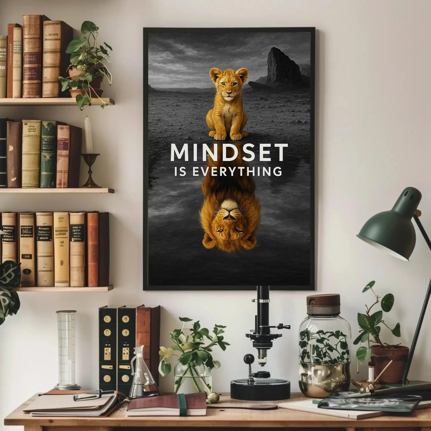 Mindset lion cub canvas wall art print for motivational home or office decor with inspirational animal quote and desert reflection scene Wall Art – Canvas Print