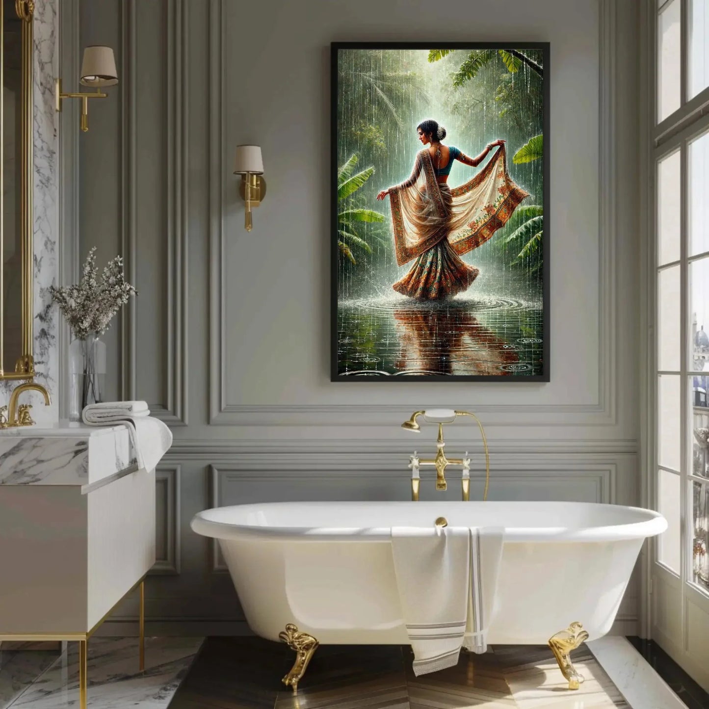 Traditional Indian Women in Tropical Green Rainy Jungle Canvas Print | Cultural Oil Painting | Vibrant Indian Wall Art for Living Room Wall Art – Canvas Print